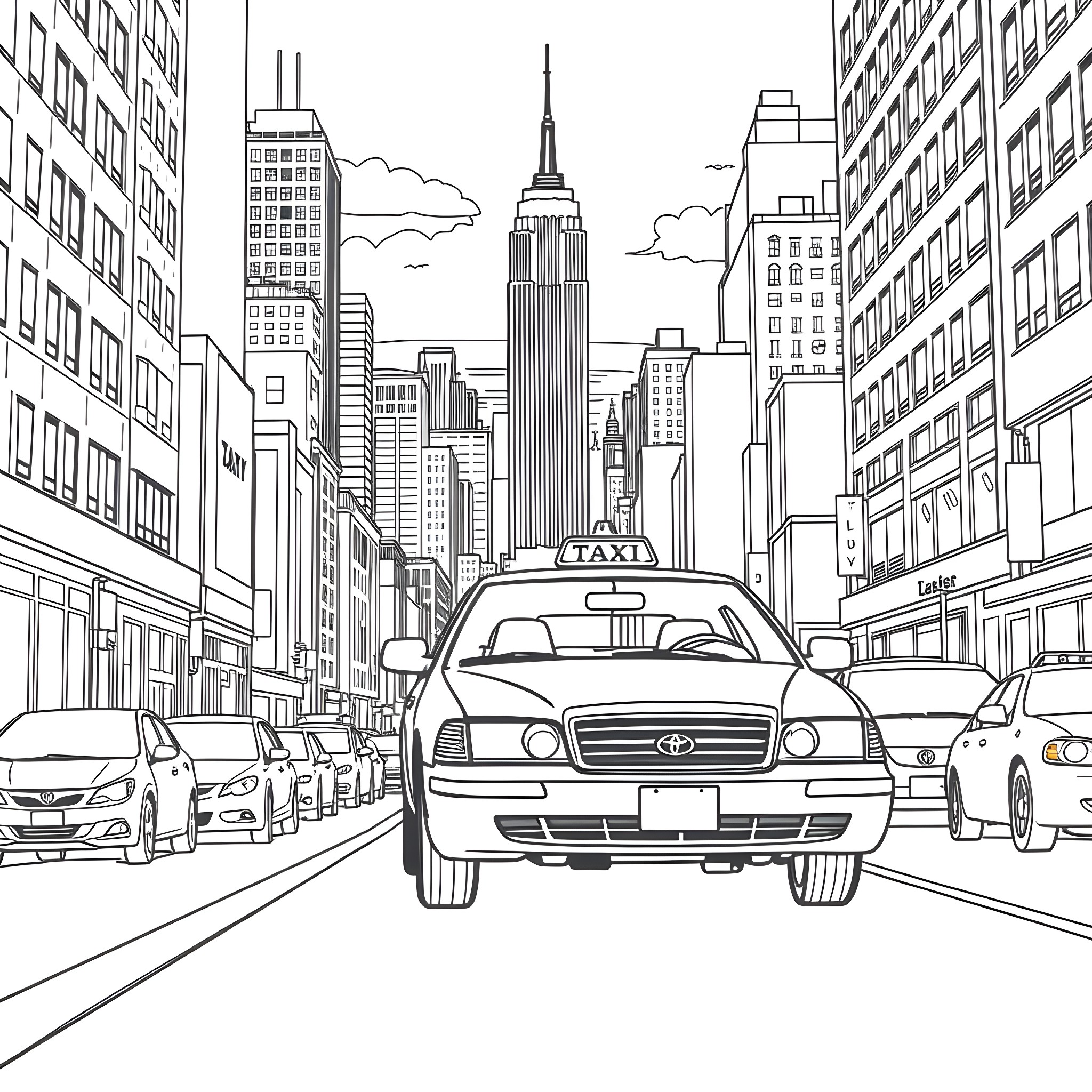 Taxi driving through the bustling city streets Coloring Page (free black-and-white line drawing printable PDF for all, from beginners to advanced learners, including children, teens, adults, and seniors)