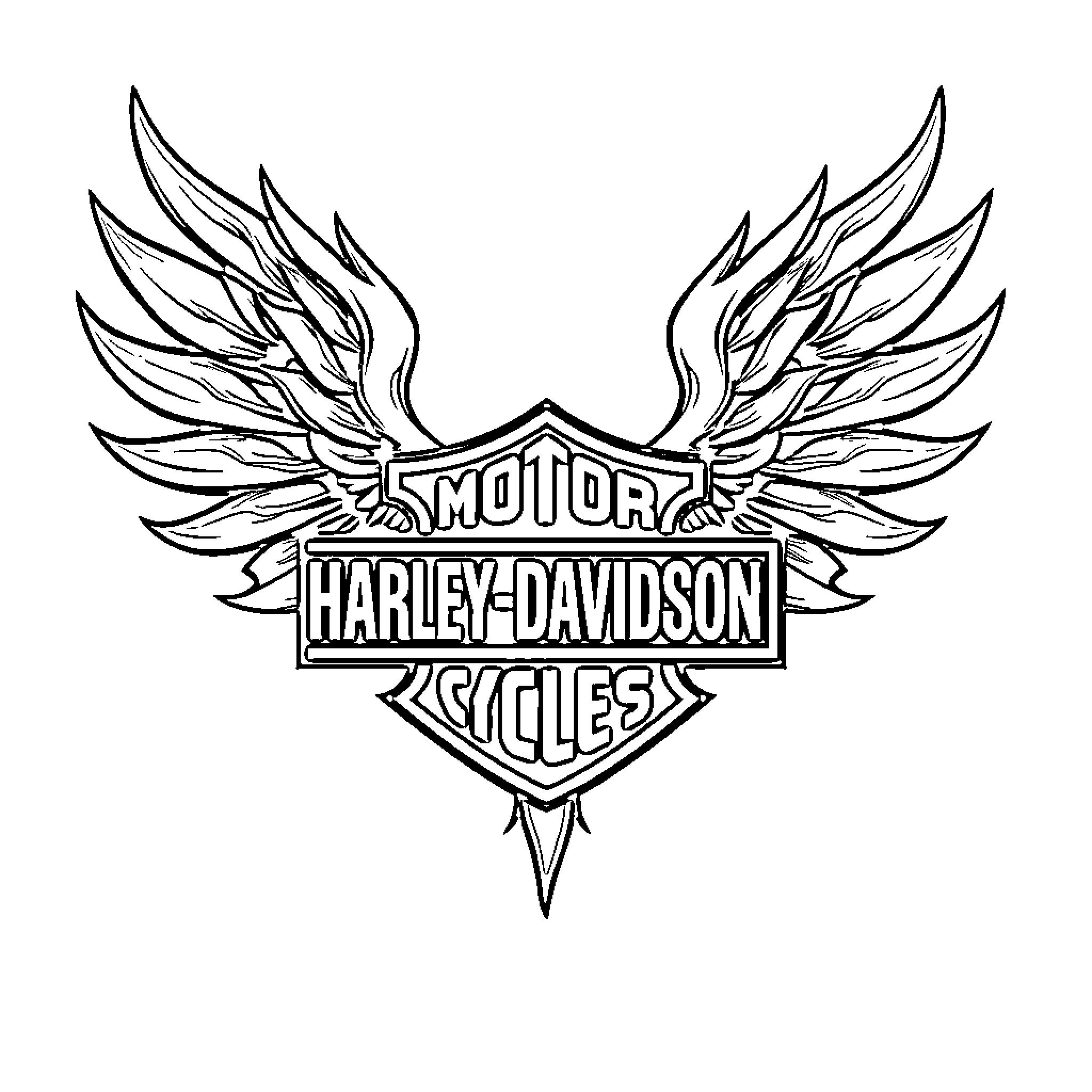 Harley Davidson logo with winged design Coloring Page (free black-and-white line drawing printable PDF for all, from beginners to advanced learners, including children, teens, adults, and seniors)