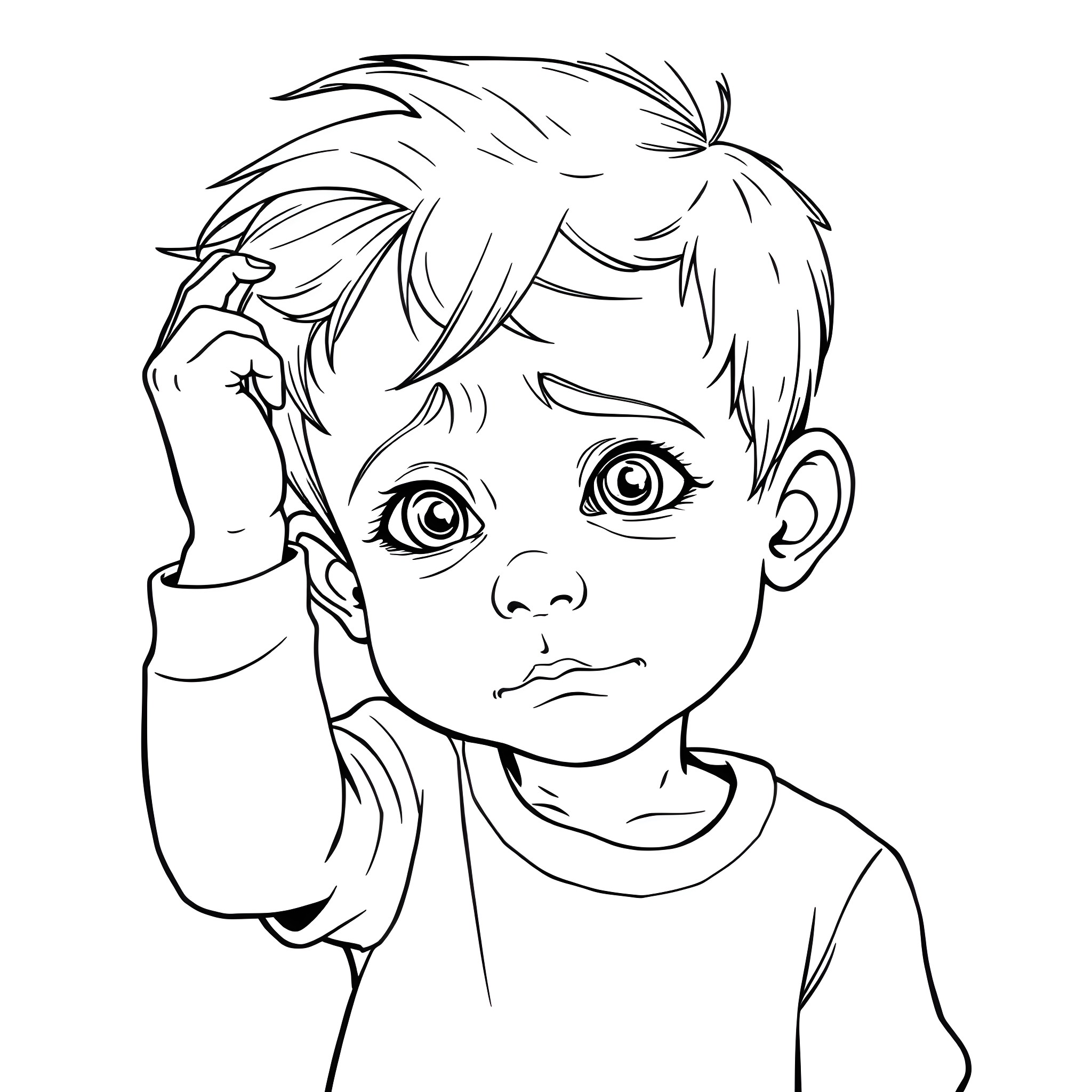 Boy Thinking Deeply with Furrowed Brow Coloring Page (free black-and-white line drawing printable PDF for all, from beginners to advanced learners, including children, teens, adults, and seniors)