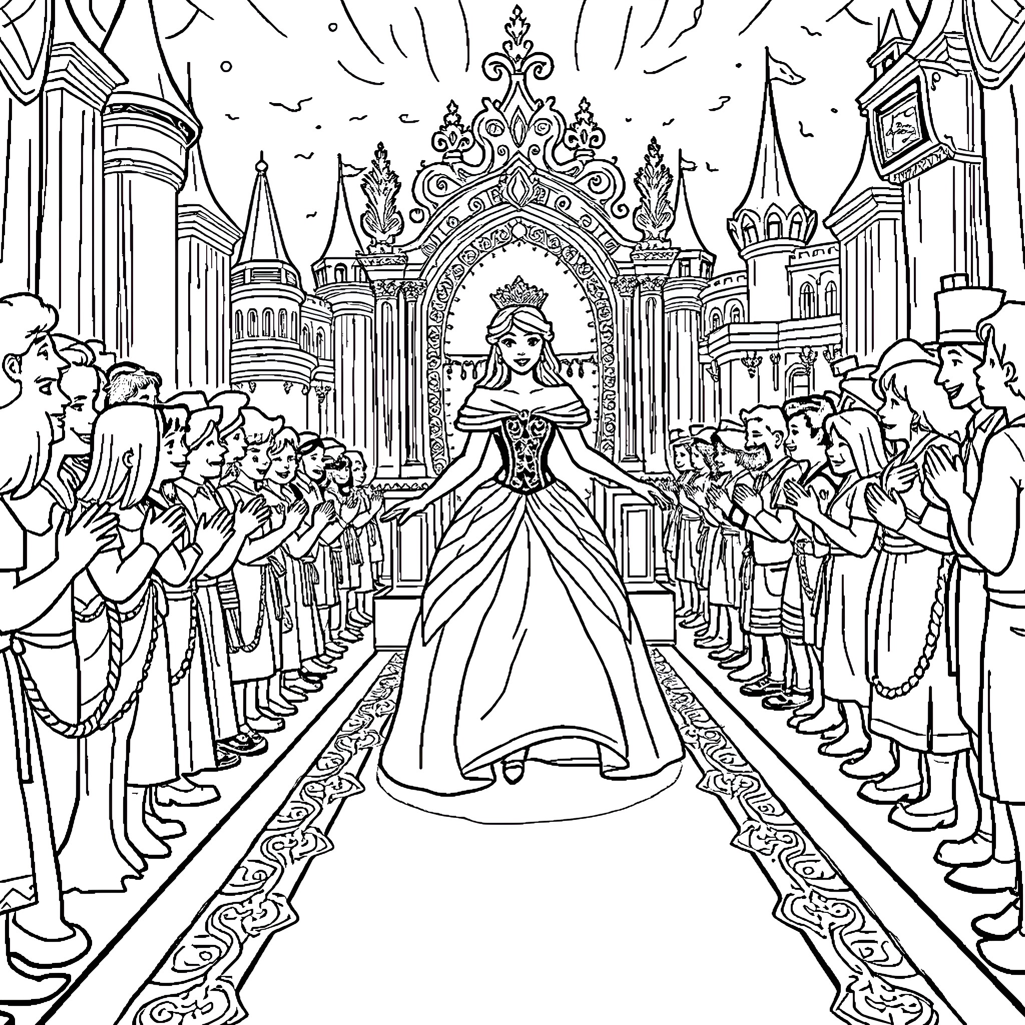 Princess Arriving at the Royal Castle Ceremony Coloring Page (free black-and-white line drawing printable PDF for all, from beginners to advanced learners, including children, teens, adults, and seniors)
