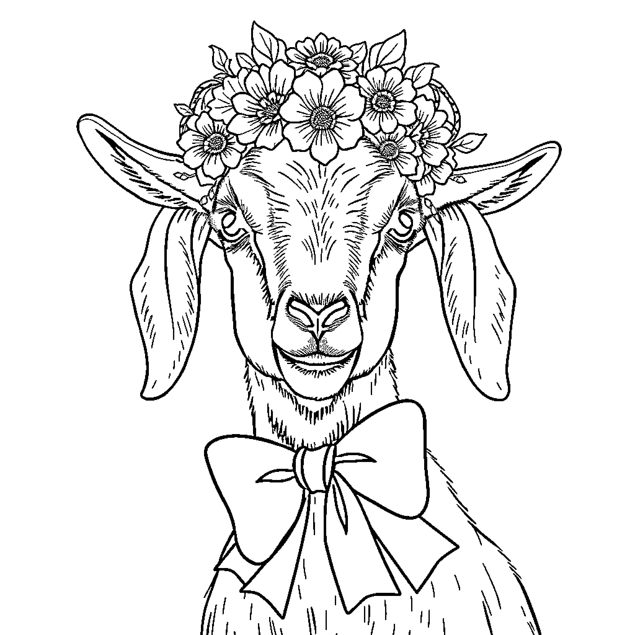 Goat wearing floral crown and bow tie Coloring Page (free black-and-white line drawing printable PDF for all, from beginners to advanced learners, including children, teens, adults, and seniors)