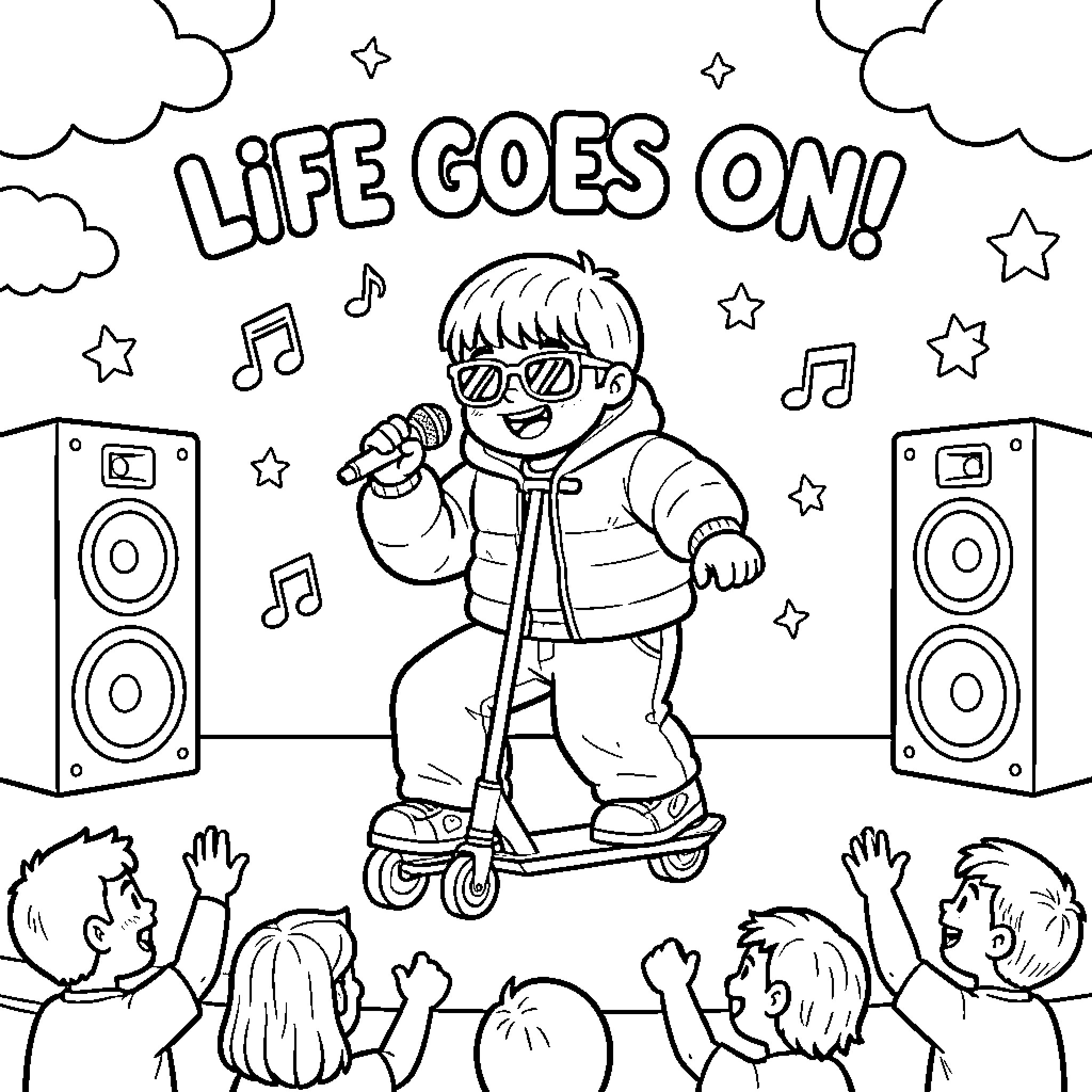 Musician performing enthusiastically on a scooter for a crowd Coloring Page (free black-and-white line drawing printable PDF for all, from beginners to advanced learners, including children, teens, adults, and seniors)