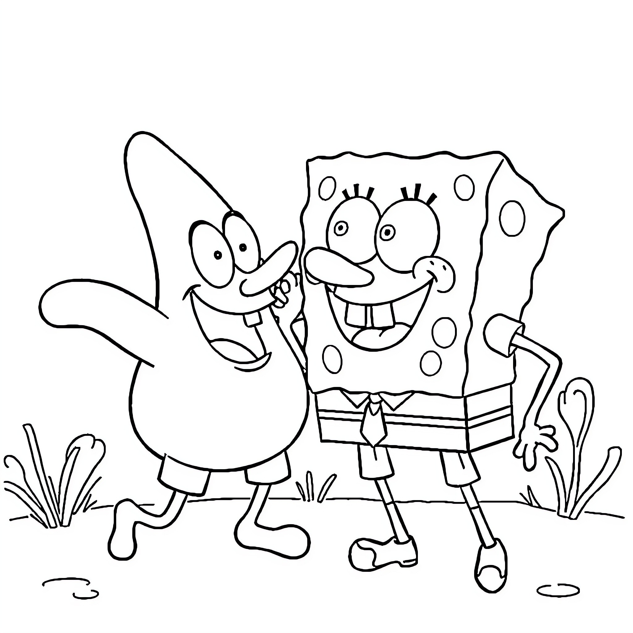 Spongebob and Patrick in happy adventure Coloring Page (free black-and-white line drawing printable PDF for all, from beginners to advanced learners, including children, teens, adults, and seniors)