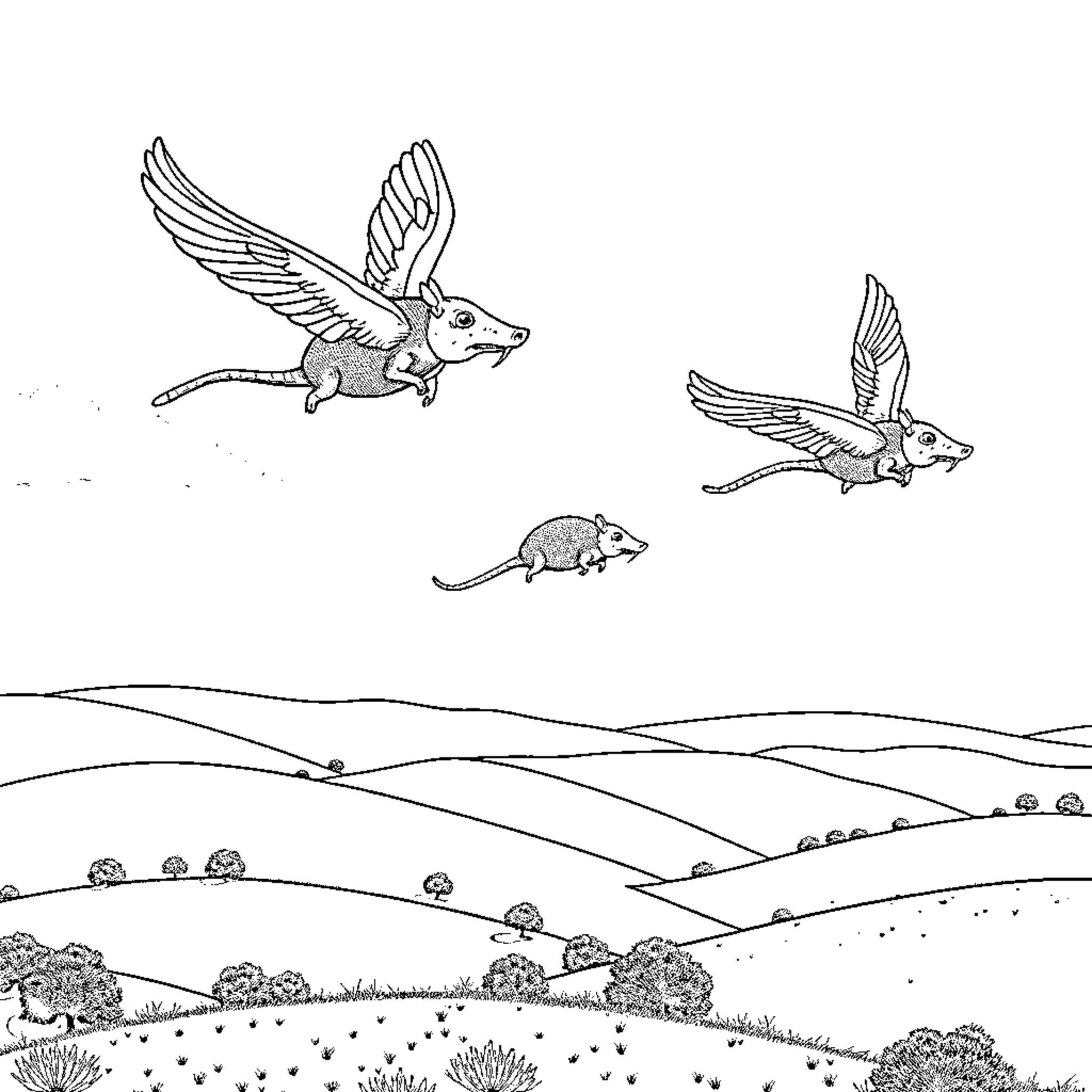 Dillo soaring through whimsical landscapes Coloring Page (free black-and-white line drawing printable PDF for all, from beginners to advanced learners, including children, teens, adults, and seniors)