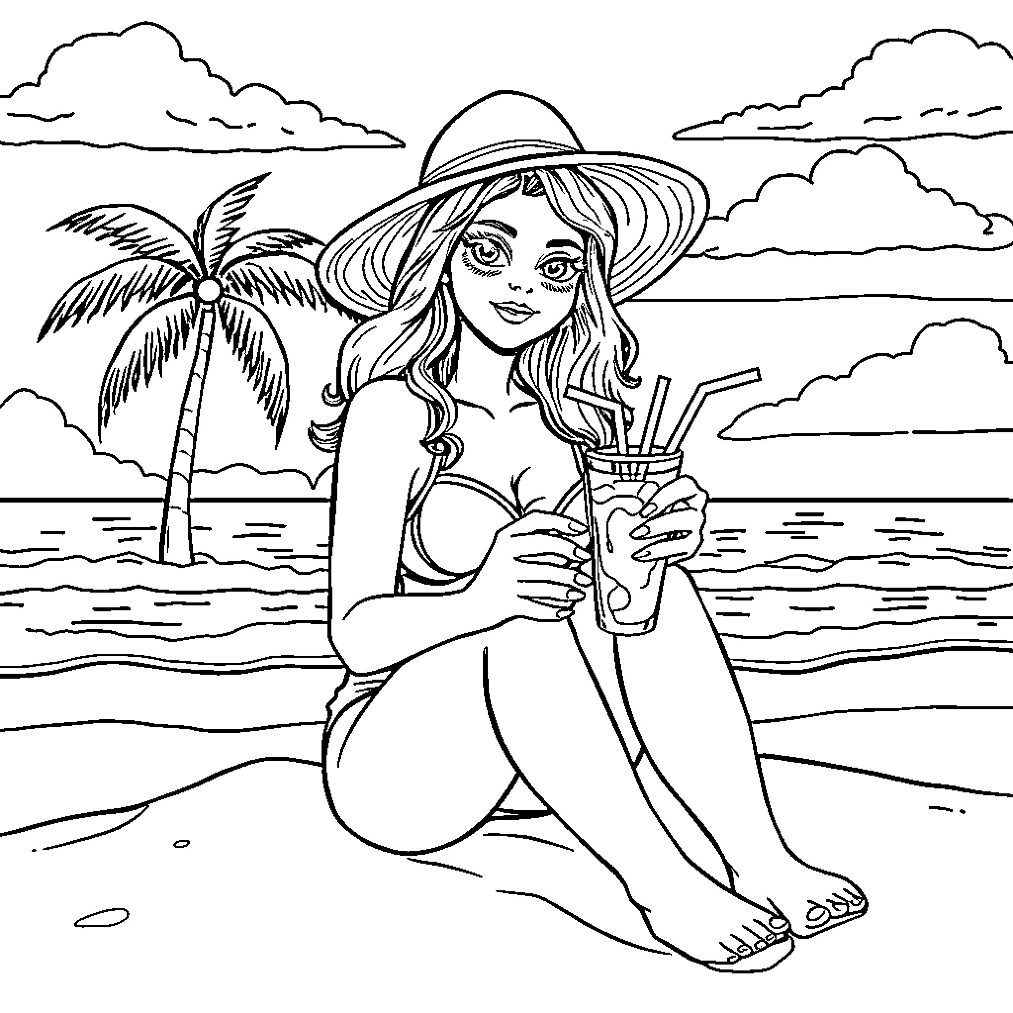 Girl relaxing on the beach with a tropical drink Coloring Page (free black-and-white line drawing printable PDF for all, from beginners to advanced learners, including children, teens, adults, and seniors)