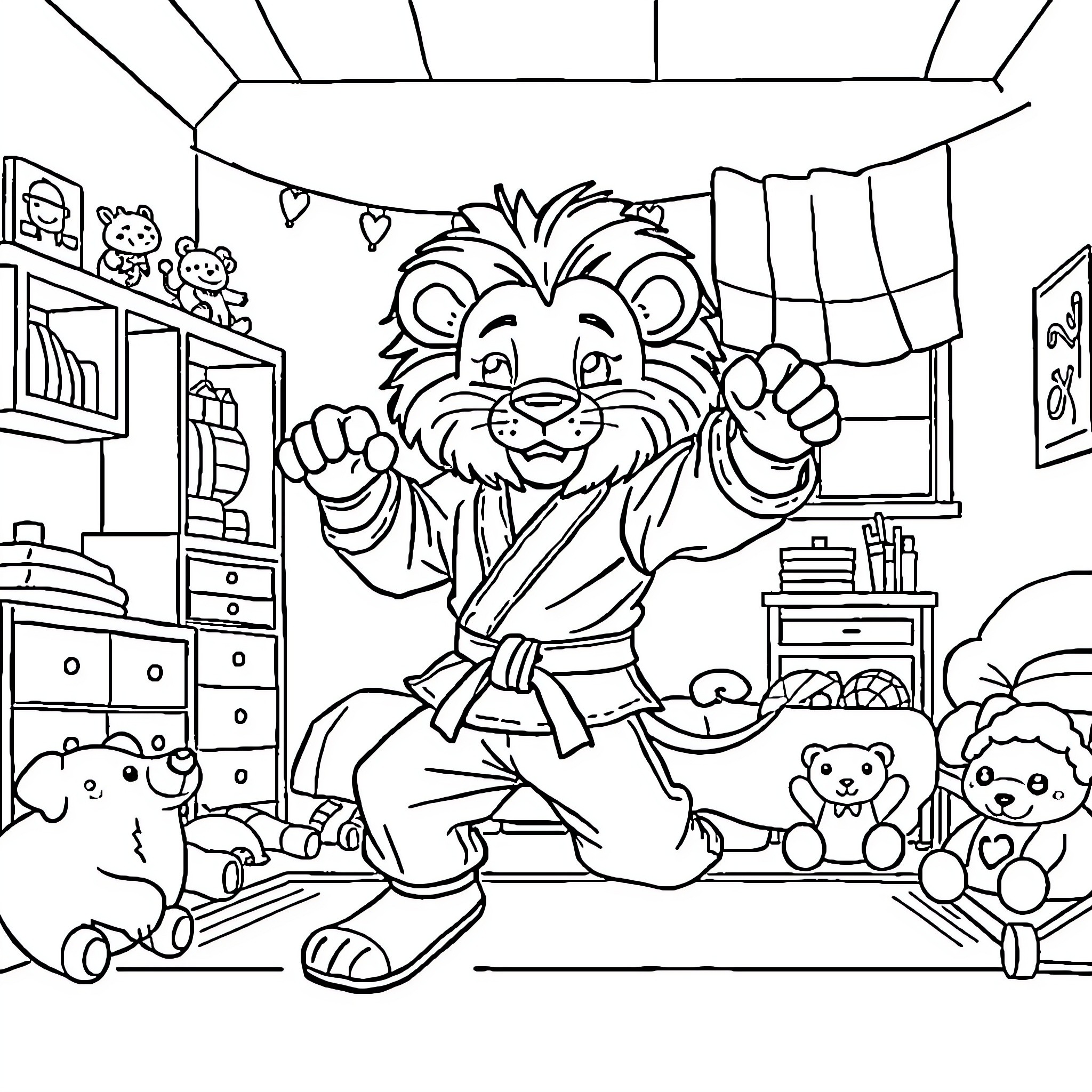 Lion Playfully Practicing Martial Arts in Bedroom Coloring Page (free black-and-white line drawing printable PDF for all, from beginners to advanced learners, including children, teens, adults, and seniors)
