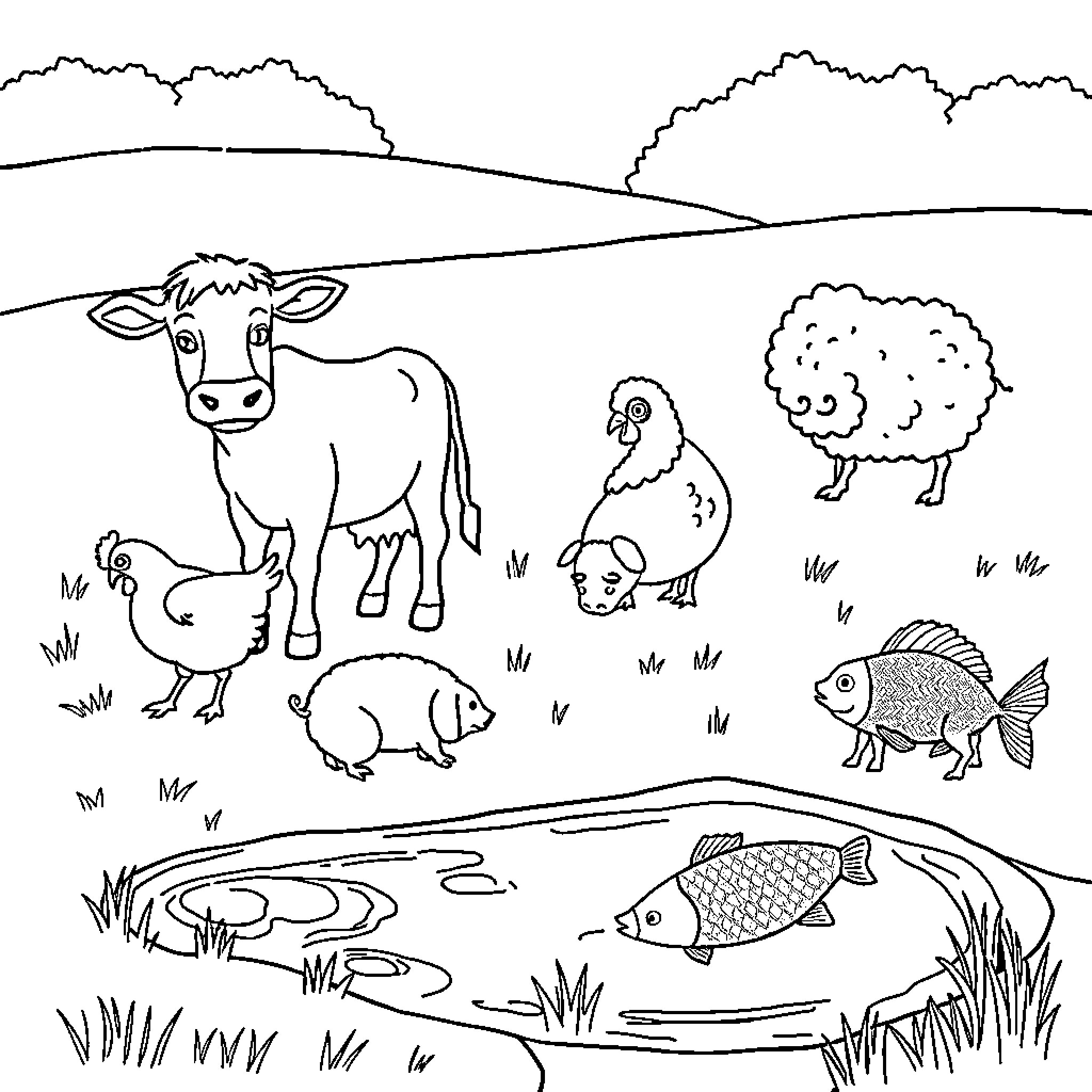 Farm Animals in a Tranquil Countryside Scene Coloring Page (free black-and-white line drawing printable PDF for all, from beginners to advanced learners, including children, teens, adults, and seniors)