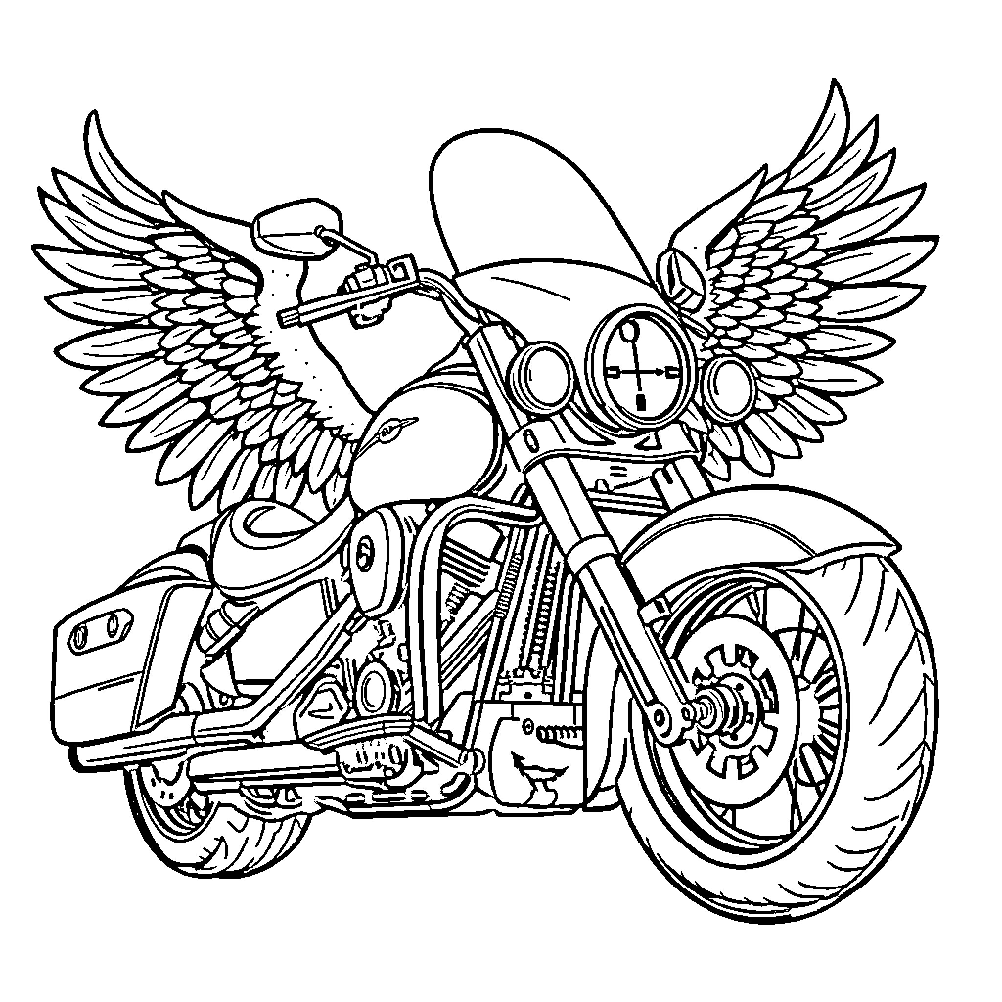 Roadking motorcycle with angelic wings Coloring Page (free black-and-white line drawing printable PDF for all, from beginners to advanced learners, including children, teens, adults, and seniors)