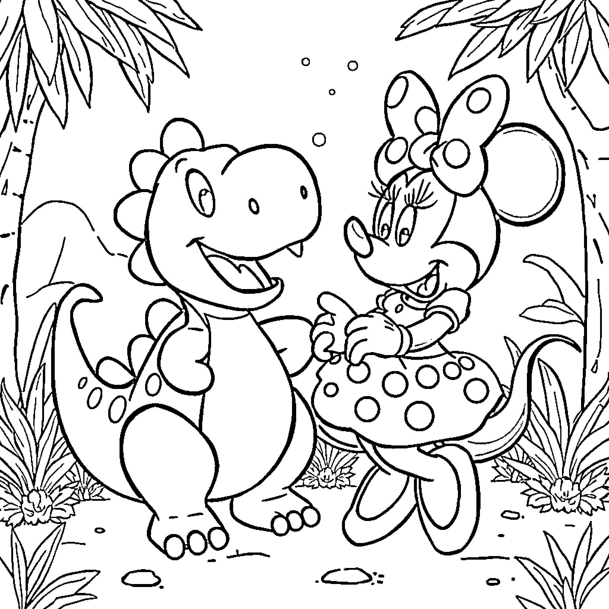 Dinosaur friends playing in the garden Coloring Page (free black-and-white line drawing printable PDF for all, from beginners to advanced learners, including children, teens, adults, and seniors)