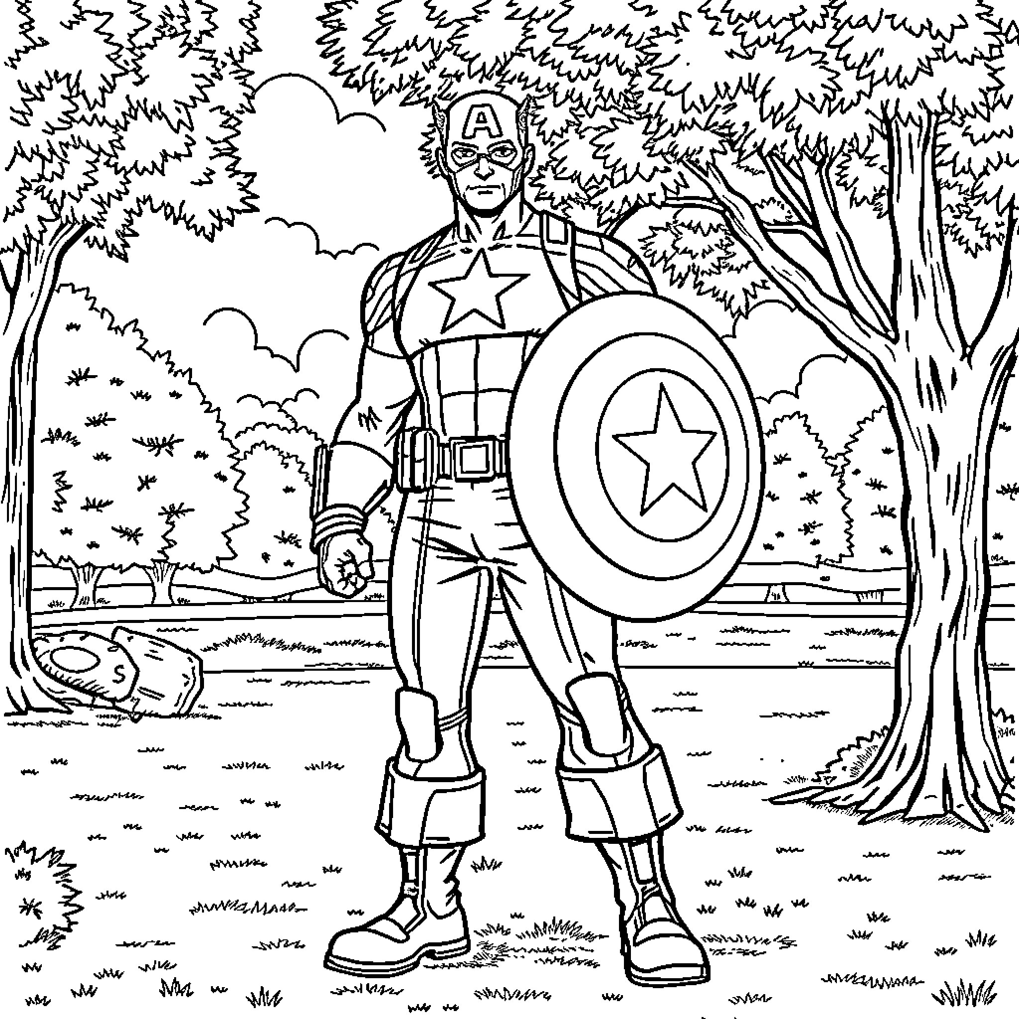 Captain America standing strong in a forest landscape Coloring Page (free black-and-white line drawing printable PDF for all, from beginners to advanced learners, including children, teens, adults, and seniors)