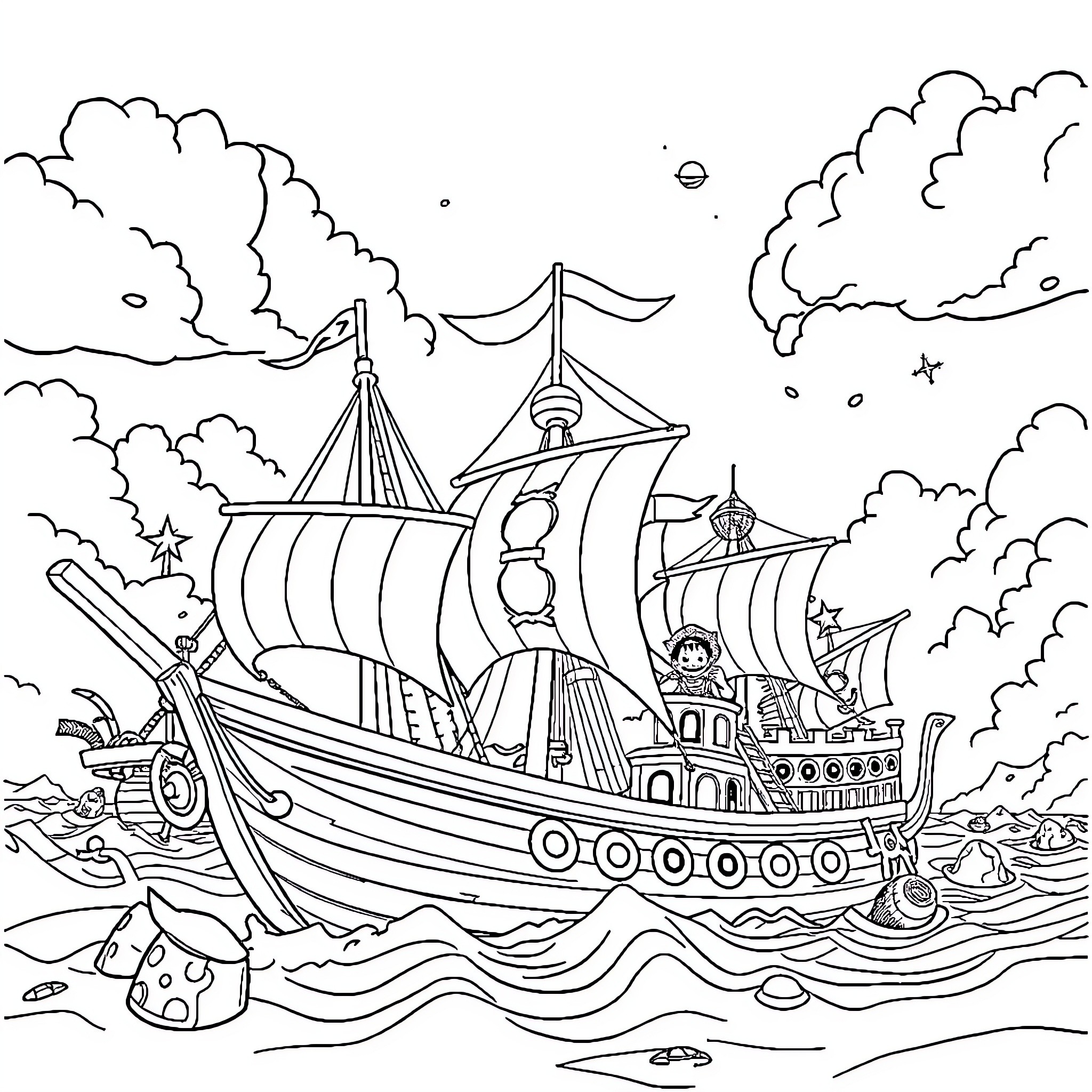 One Piece Pirate Ship Sailing the Seas Coloring Page (free black-and-white line drawing printable PDF for all, from beginners to advanced learners, including children, teens, adults, and seniors)