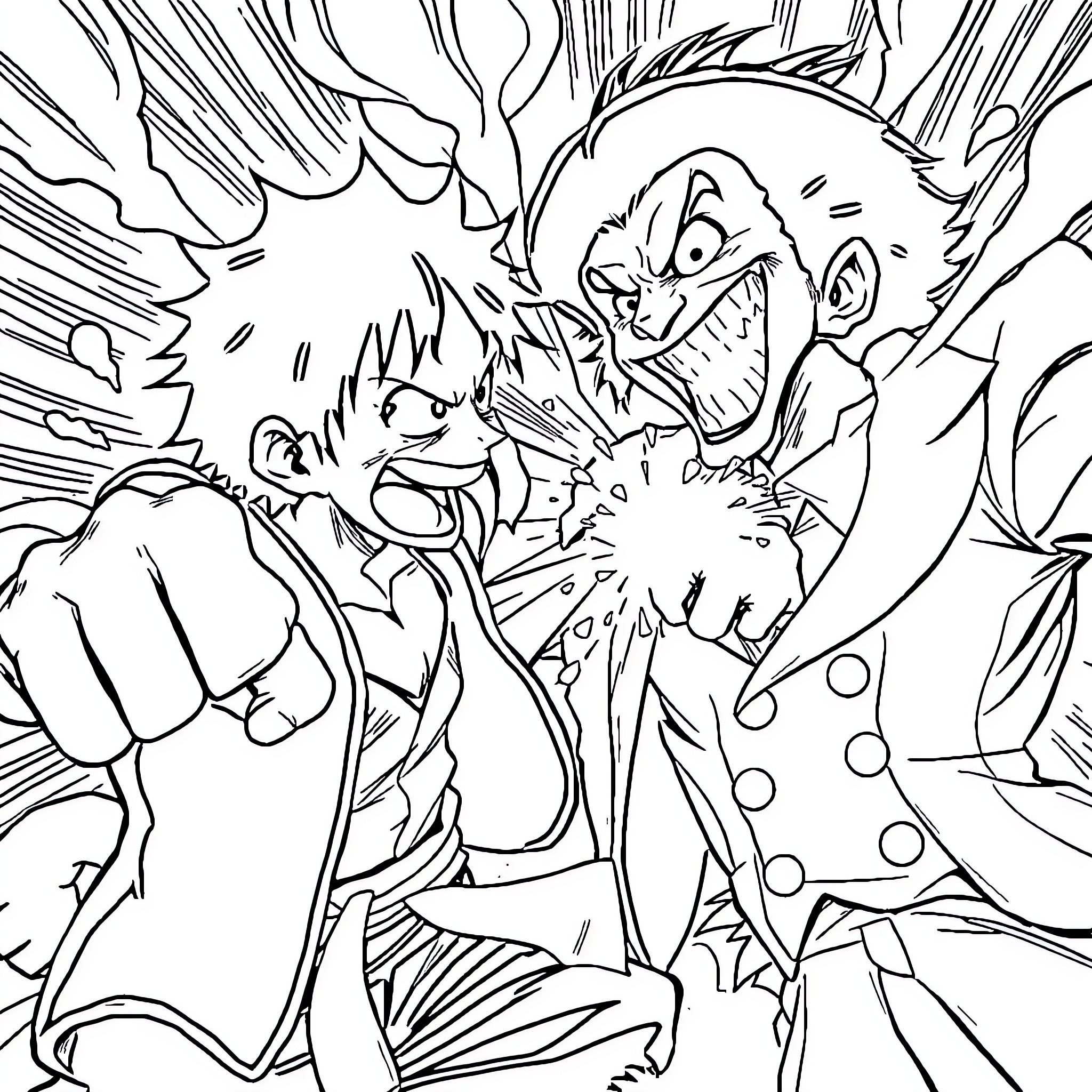 Luffy Fighting against a Fierce Foe Coloring Page (free black-and-white line drawing printable PDF for all, from beginners to advanced learners, including children, teens, adults, and seniors)
