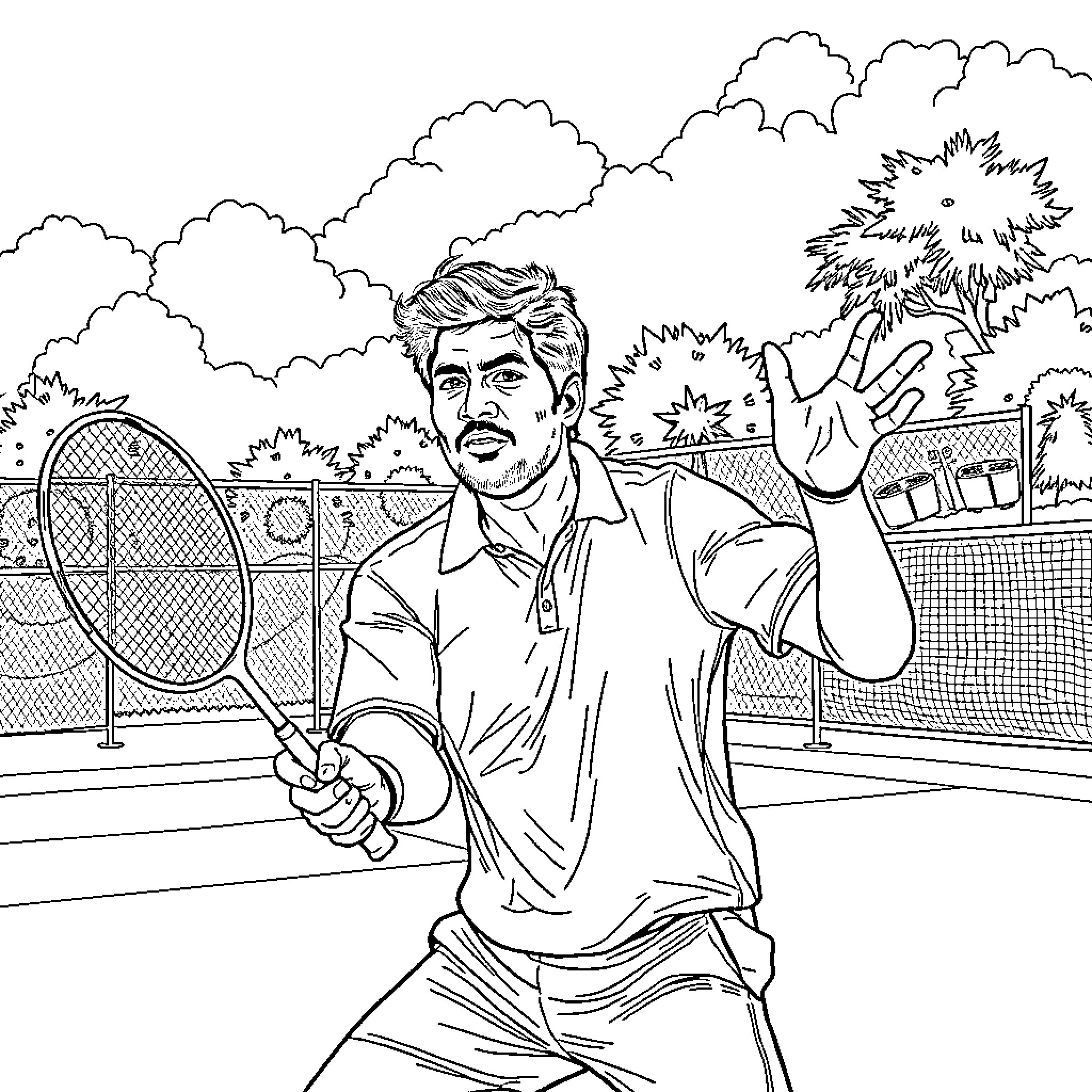 Sachin Tendulkar playing tennis on the court Coloring Page (free black-and-white line drawing printable PDF for all, from beginners to advanced learners, including children, teens, adults, and seniors)