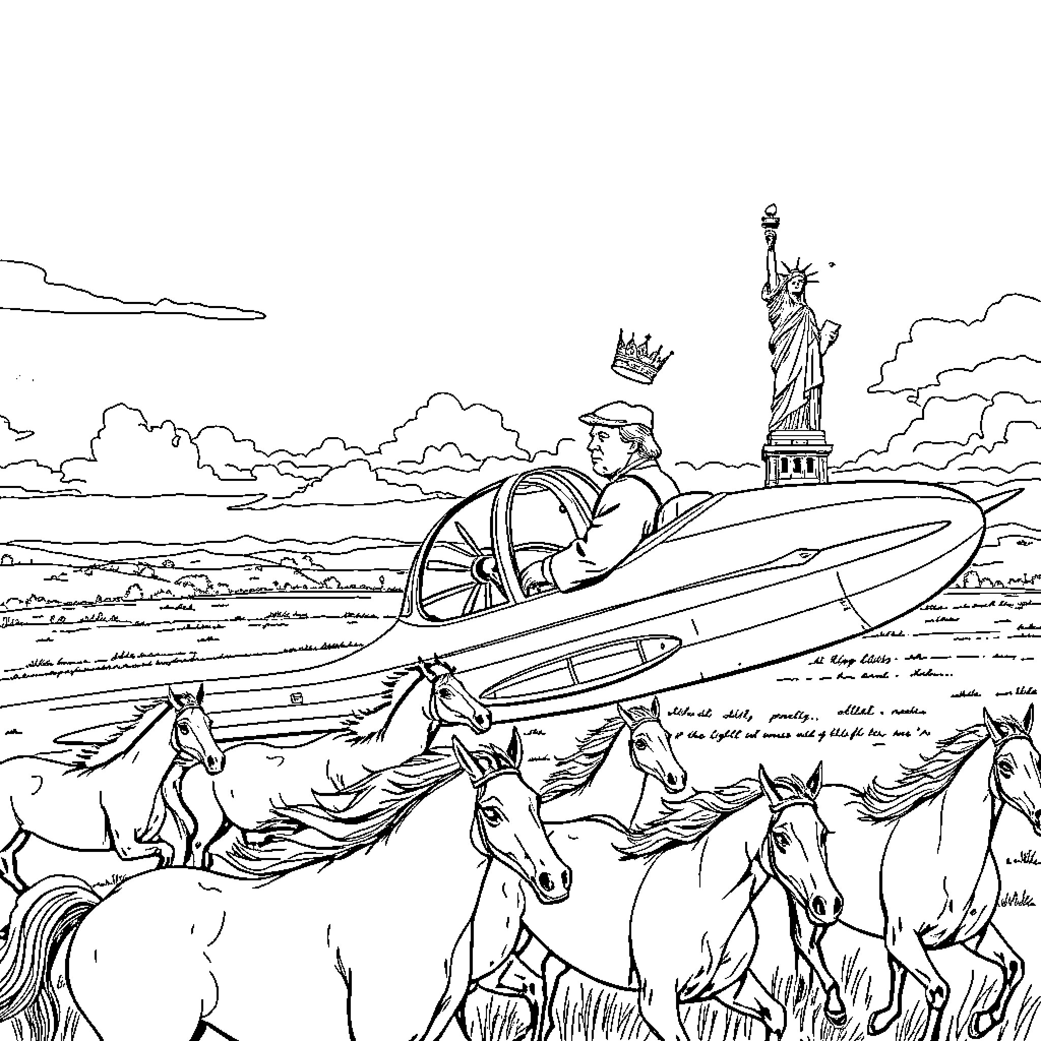 Trump Riding Horses with the Statue of Liberty in the Background Coloring Page (free black-and-white line drawing printable PDF for all, from beginners to advanced learners, including children, teens, adults, and seniors)
