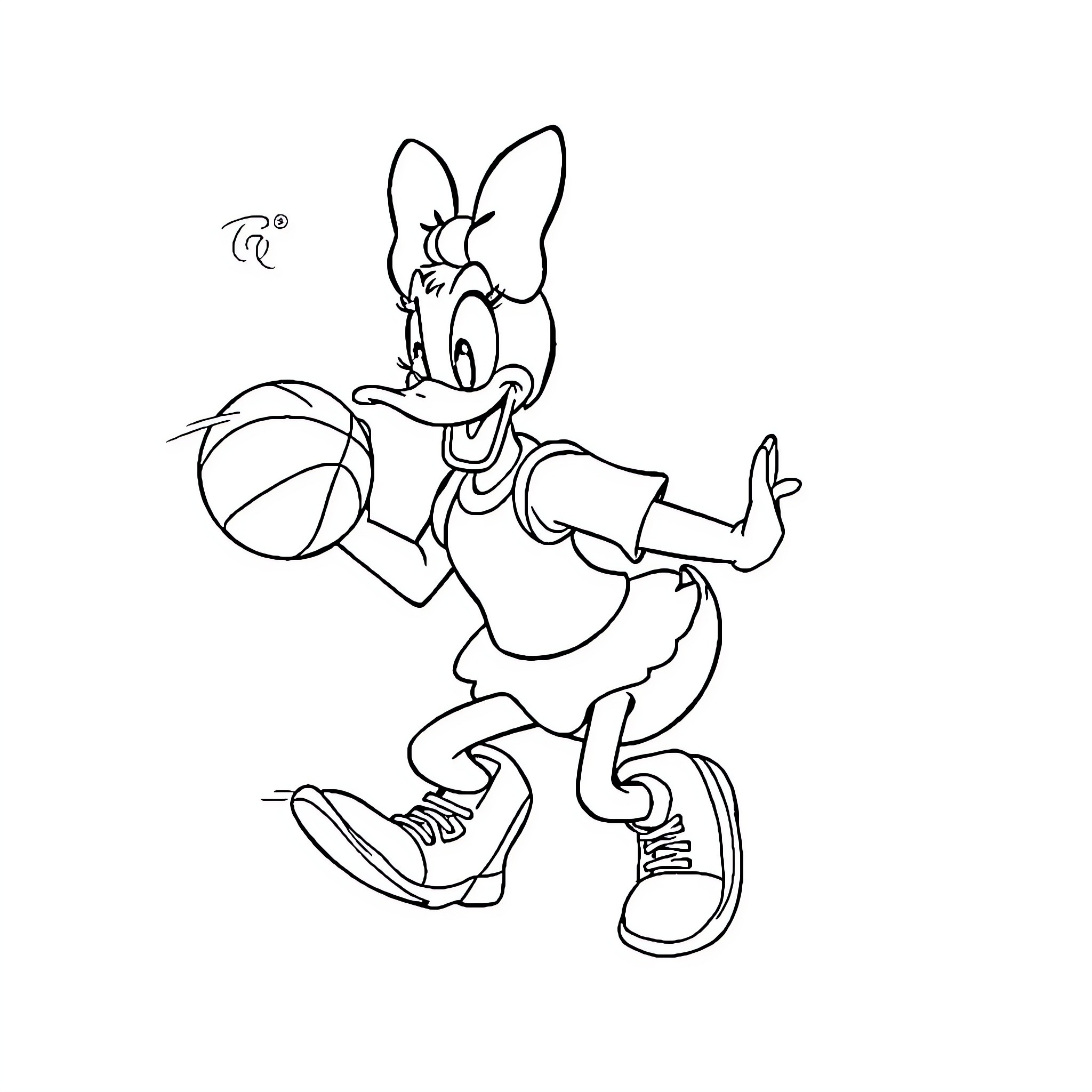 Daisy Duck playing with a basketball Coloring Page (free black-and-white line drawing printable PDF for all, from beginners to advanced learners, including children, teens, adults, and seniors)