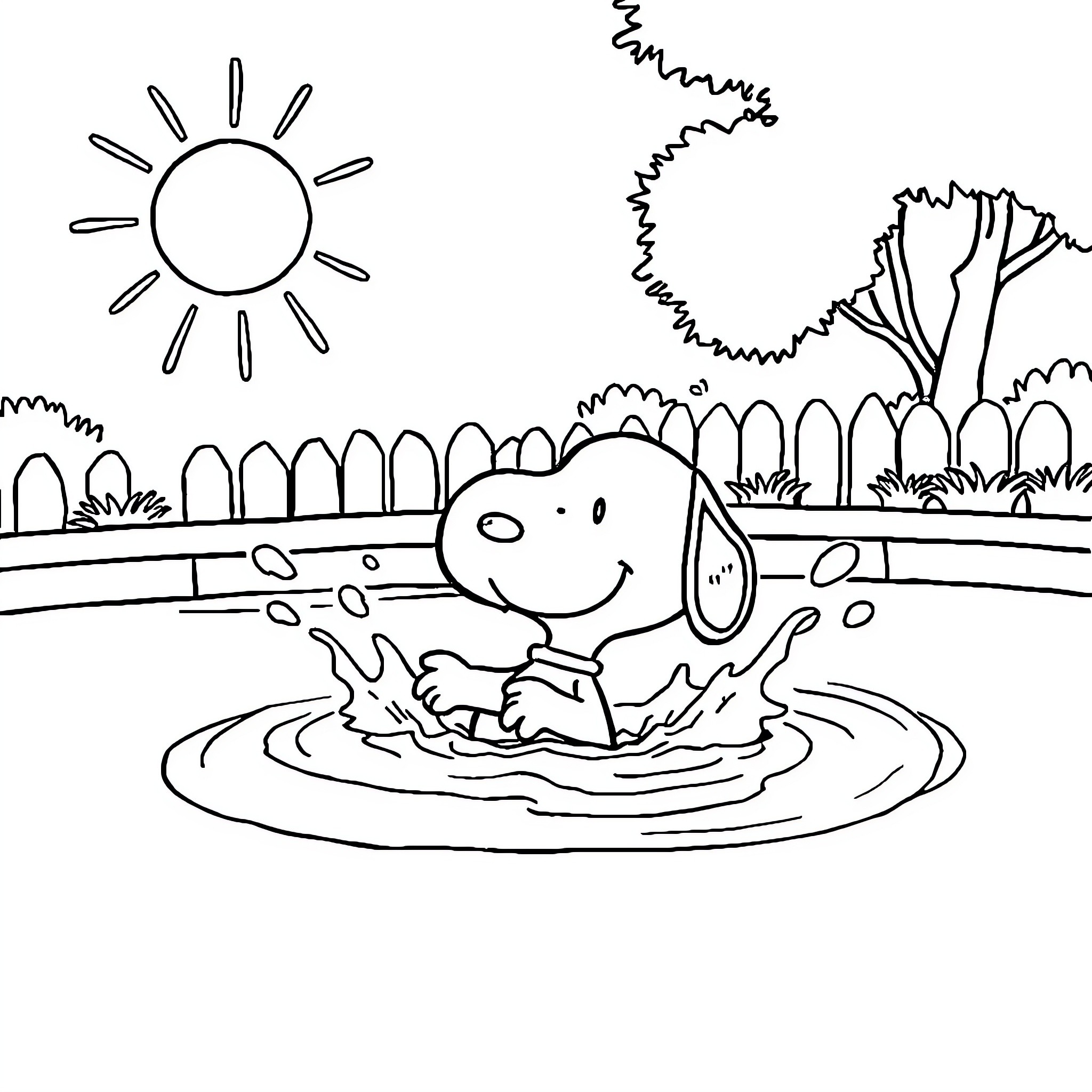 Snoopy enjoying a sunny day in the park Coloring Page (free black-and-white line drawing printable PDF for all, from beginners to advanced learners, including children, teens, adults, and seniors)