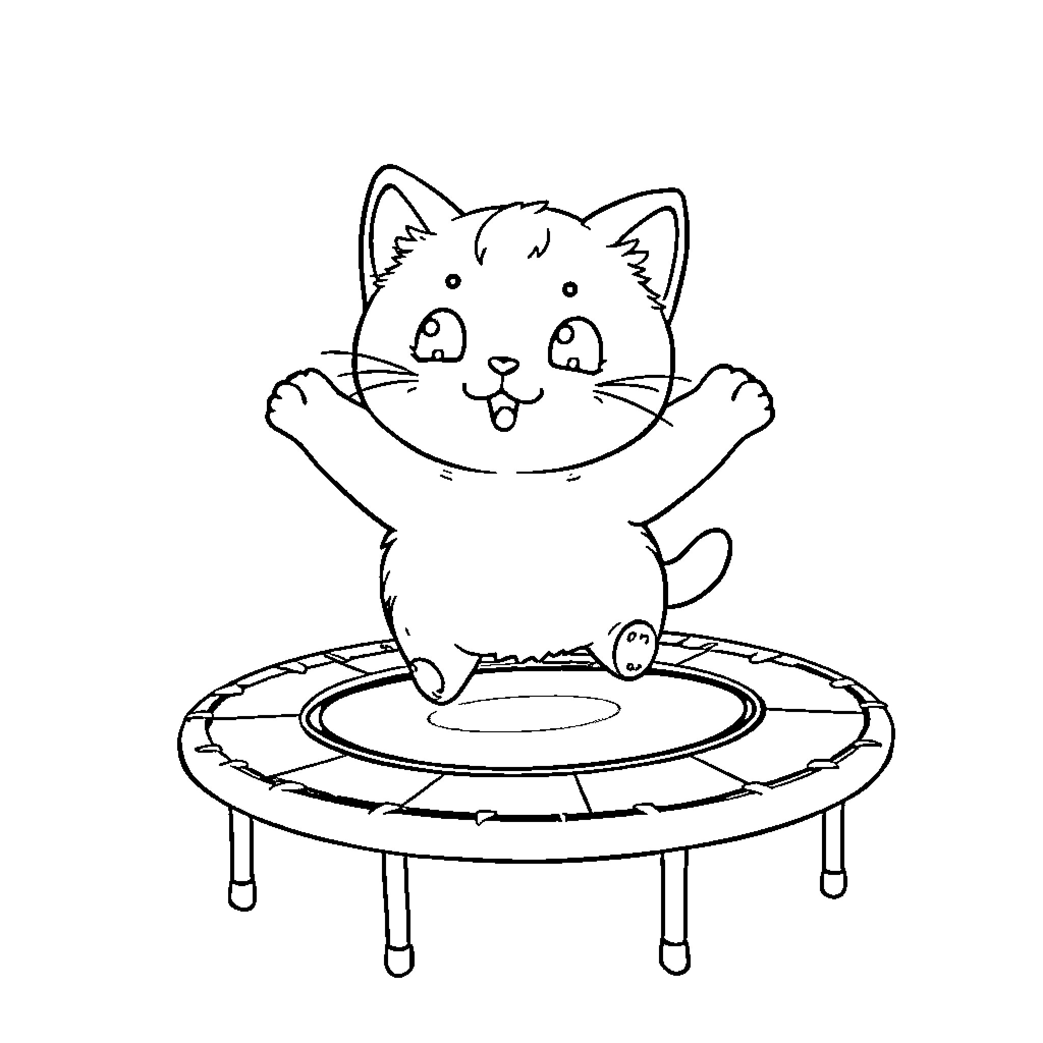 Kitty jumping on trampoline with joy Coloring Page (free black-and-white line drawing printable PDF for all, from beginners to advanced learners, including children, teens, adults, and seniors)
