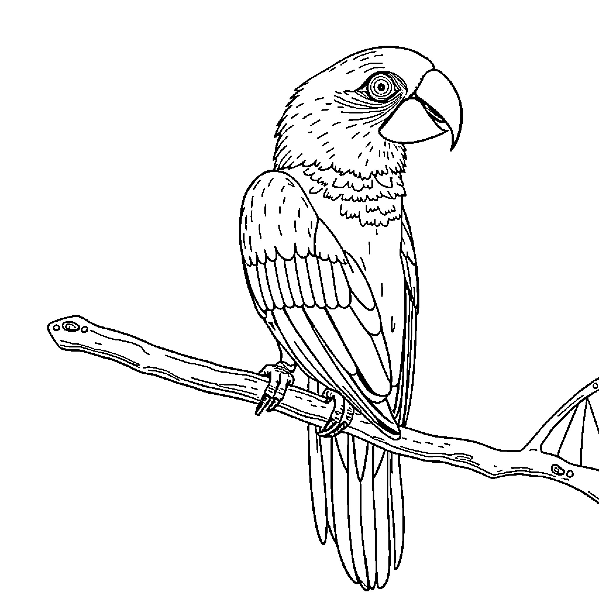 Guacamaya perching on a branch Coloring Page (free black-and-white line drawing printable PDF for all, from beginners to advanced learners, including children, teens, adults, and seniors)