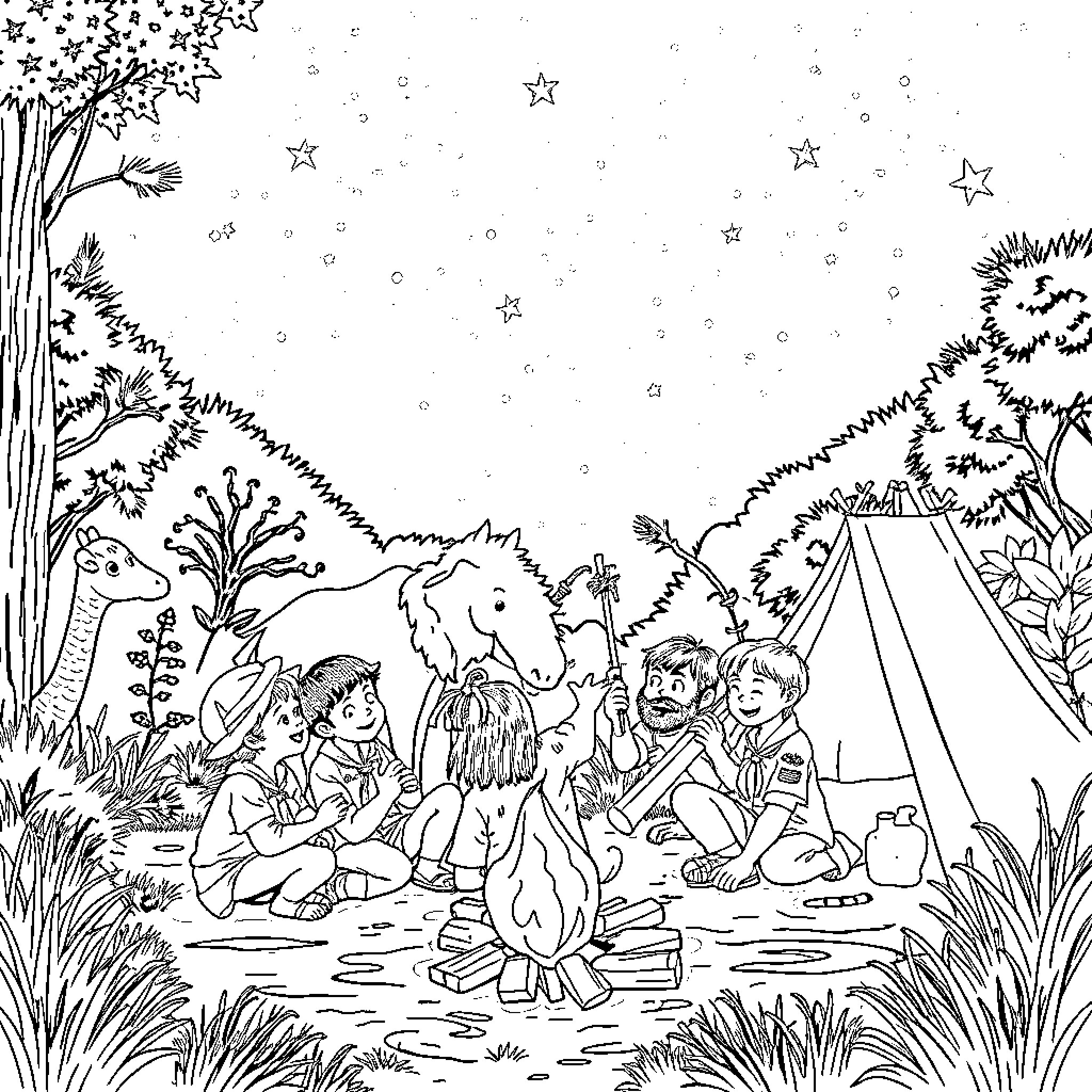 Cub Scouts enjoying outdoor campfire adventure Coloring Page (free black-and-white line drawing printable PDF for all, from beginners to advanced learners, including children, teens, adults, and seniors)