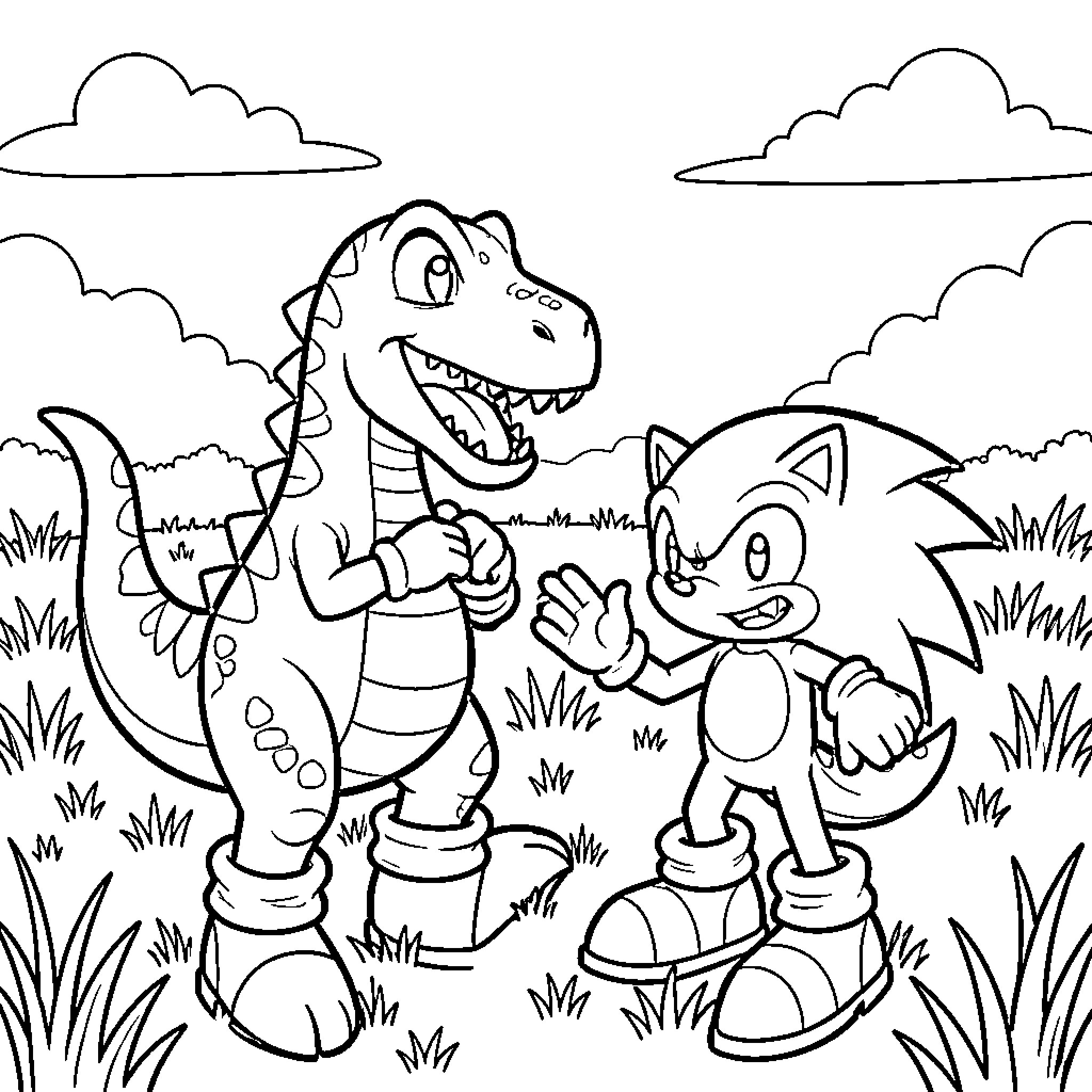 Dinosaur and hedgehog character waving to each other Coloring Page (free black-and-white line drawing printable PDF for all, from beginners to advanced learners, including children, teens, adults, and seniors)