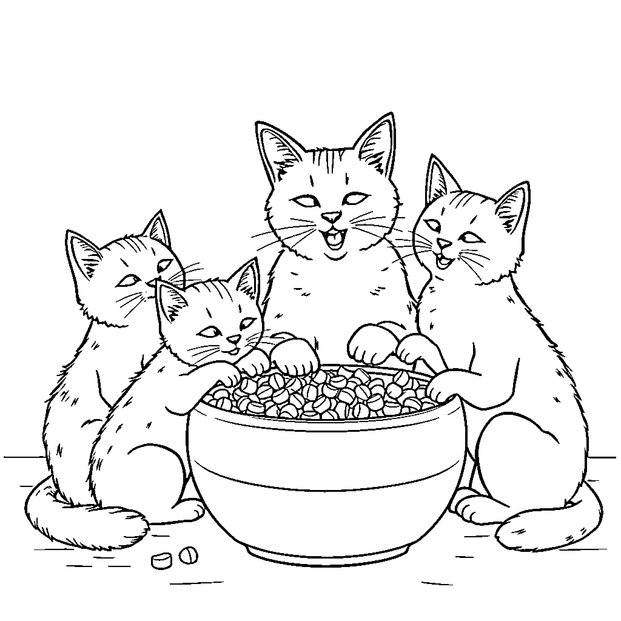 Cat Kittens Enjoying a Meal Together Coloring Page (free black-and-white line drawing printable PDF for all, from beginners to advanced learners, including children, teens, adults, and seniors)