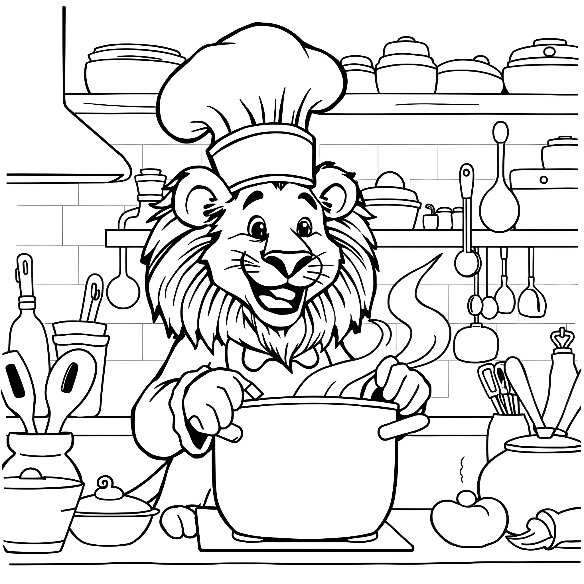 Lion chef cooking in the kitchen Coloring Page (free black-and-white line drawing printable PDF for all, from beginners to advanced learners, including children, teens, adults, and seniors)