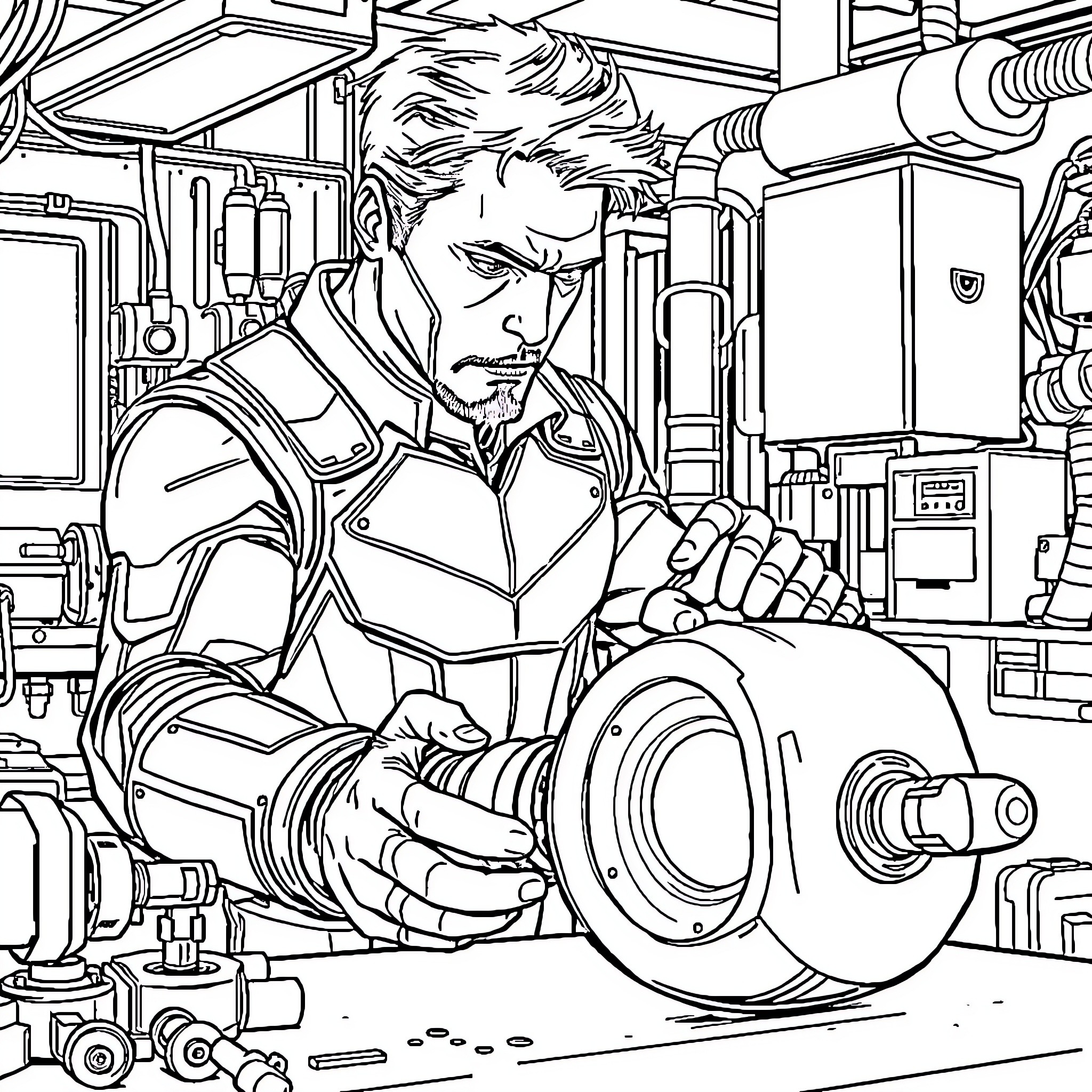 Tony Stark Repairing Futuristic Equipment in Workshop Coloring Page (free black-and-white line drawing printable PDF for all, from beginners to advanced learners, including children, teens, adults, and seniors)
