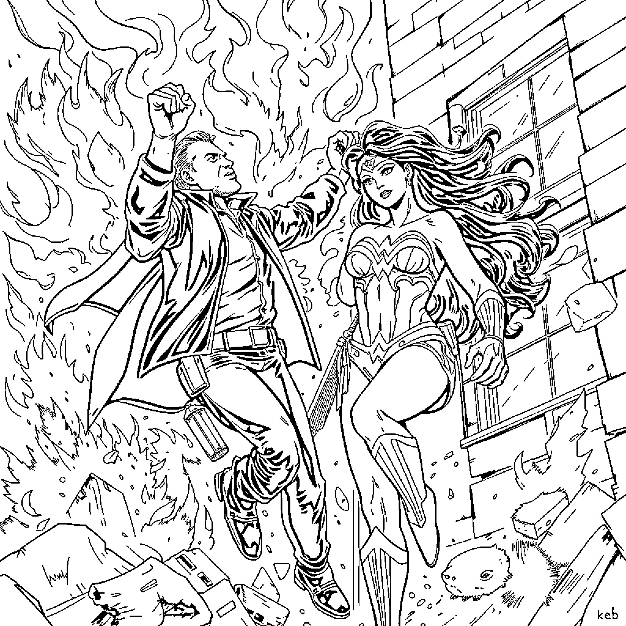 FBI Agent Confronting Powerful Superhero in Action Coloring Page (free black-and-white line drawing printable PDF for all, from beginners to advanced learners, including children, teens, adults, and seniors)