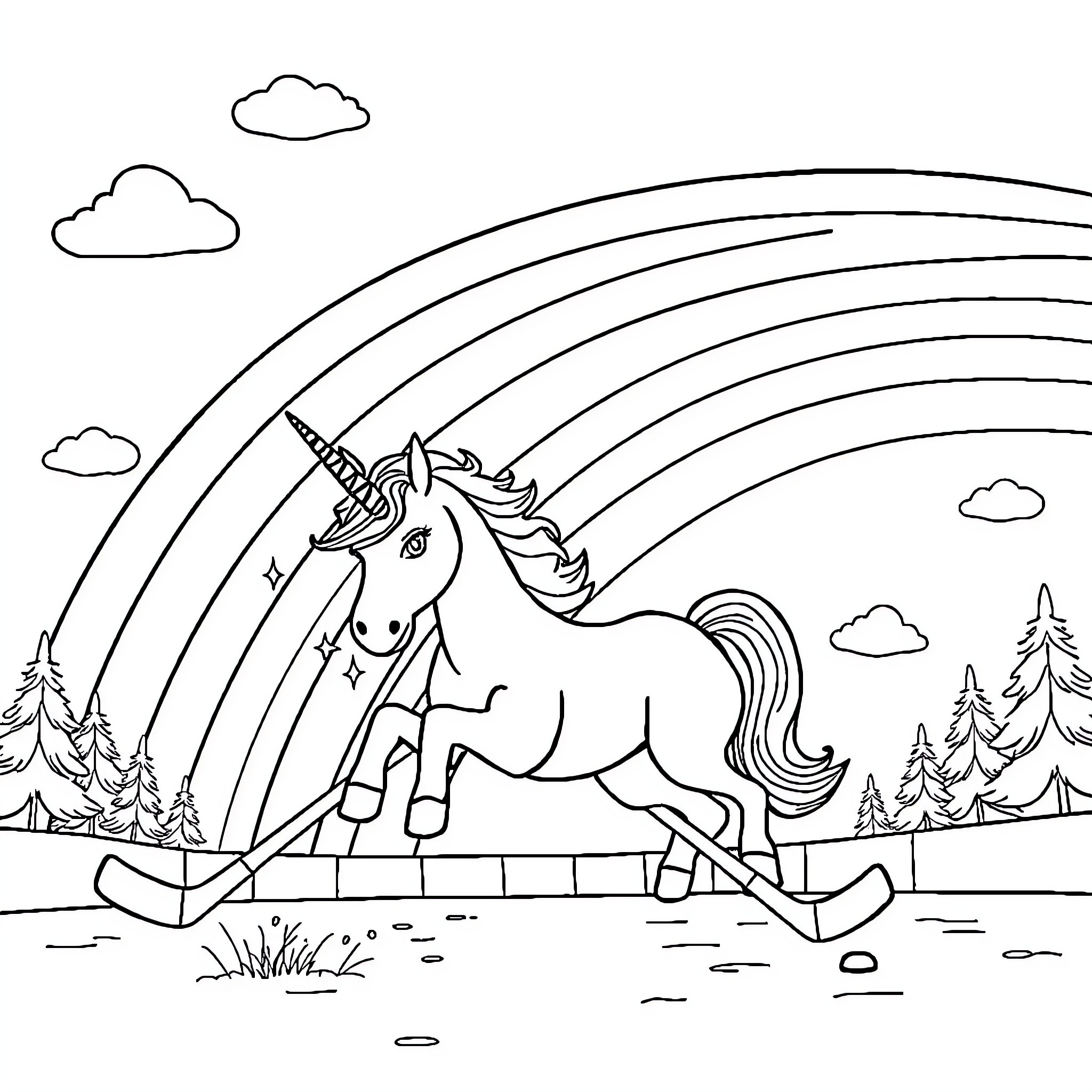 Unicorn prancing across a magical landscape Coloring Page (free black-and-white line drawing printable PDF for all, from beginners to advanced learners, including children, teens, adults, and seniors)