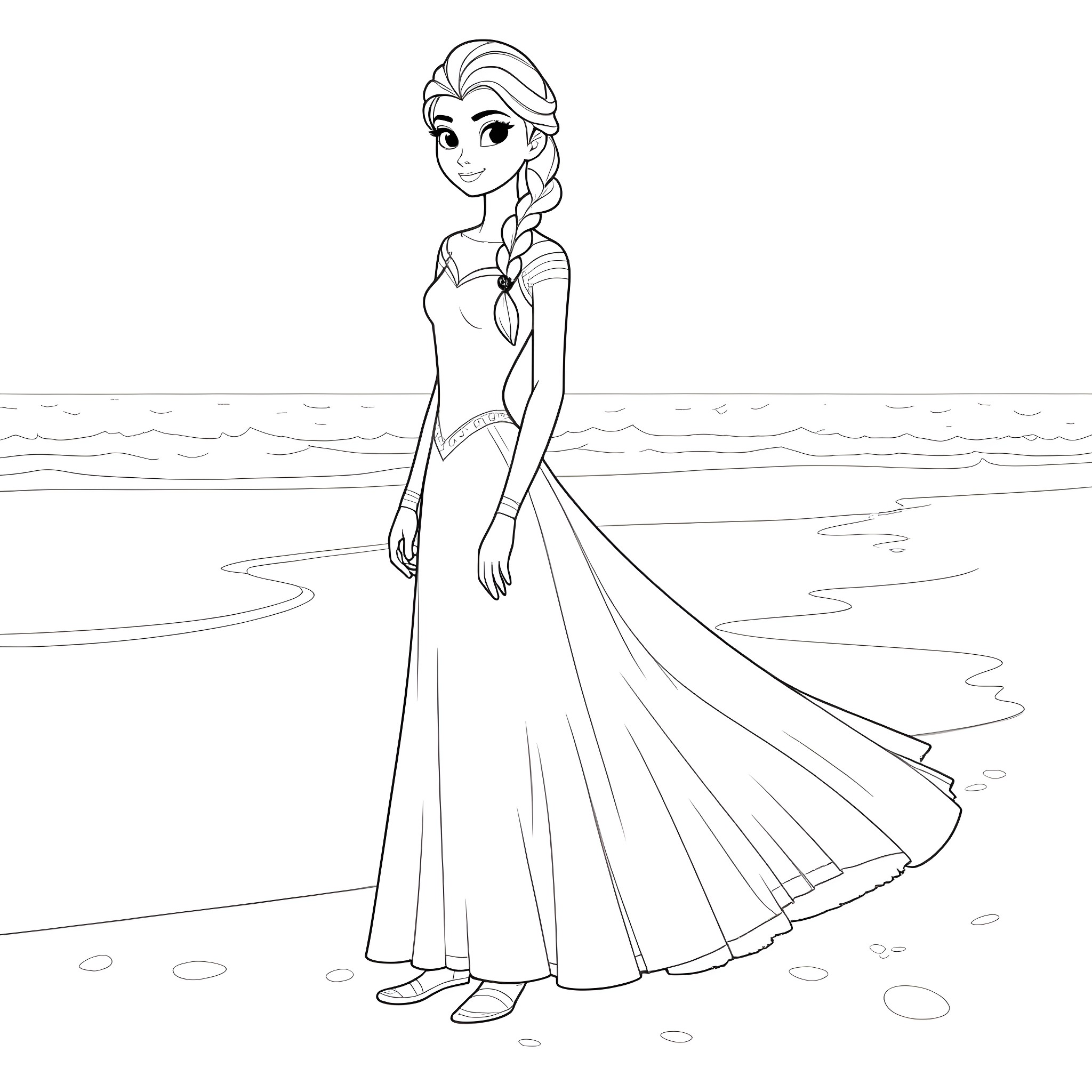 Elsa standing gracefully by the seaside Coloring Page (free black-and-white line drawing printable PDF for all, from beginners to advanced learners, including children, teens, adults, and seniors)