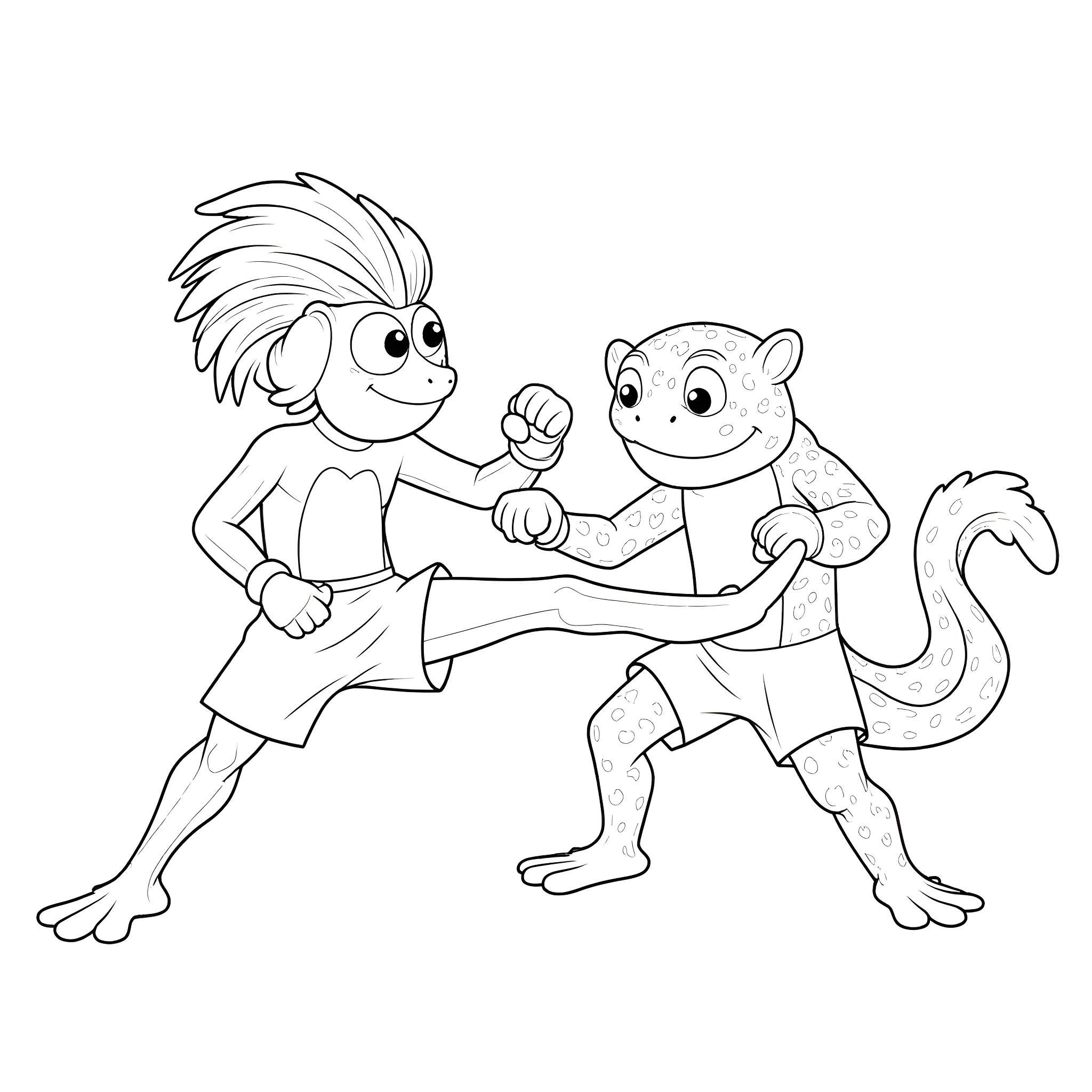 Frog and squirrel playing together happily Coloring Page (free black-and-white line drawing printable PDF for all, from beginners to advanced learners, including children, teens, adults, and seniors)