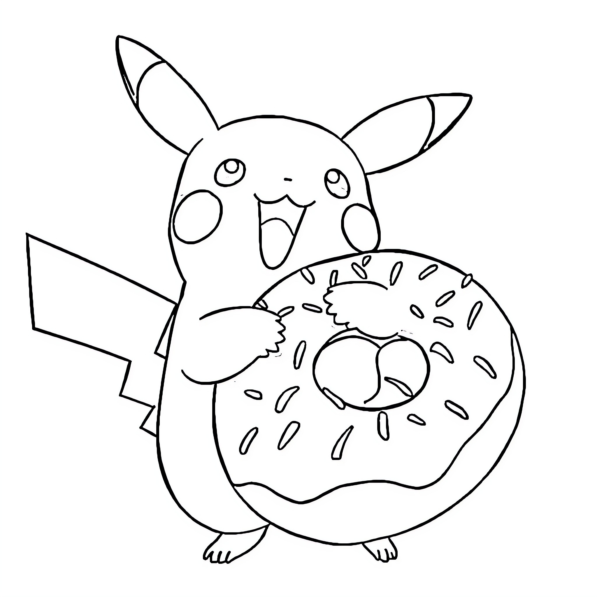 Pikachu enjoying a delicious donut Coloring Page (free black-and-white line drawing printable PDF for all, from beginners to advanced learners, including children, teens, adults, and seniors)