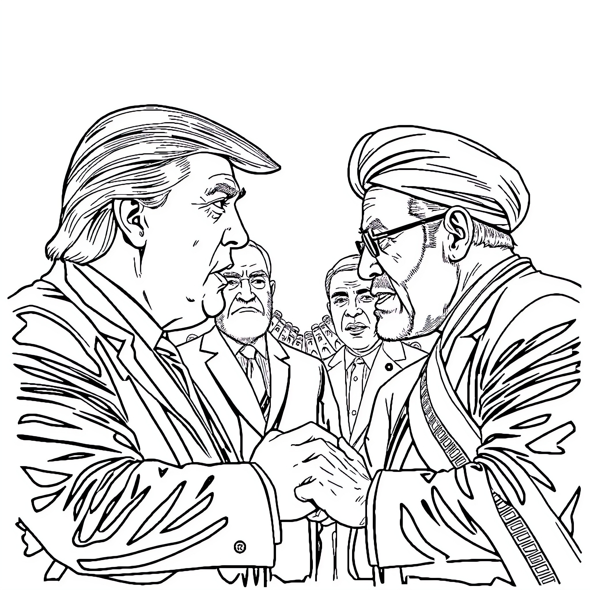 Donald Trump Shaking Hands with World Leaders Coloring Page (free black-and-white line drawing printable PDF for all, from beginners to advanced learners, including children, teens, adults, and seniors)