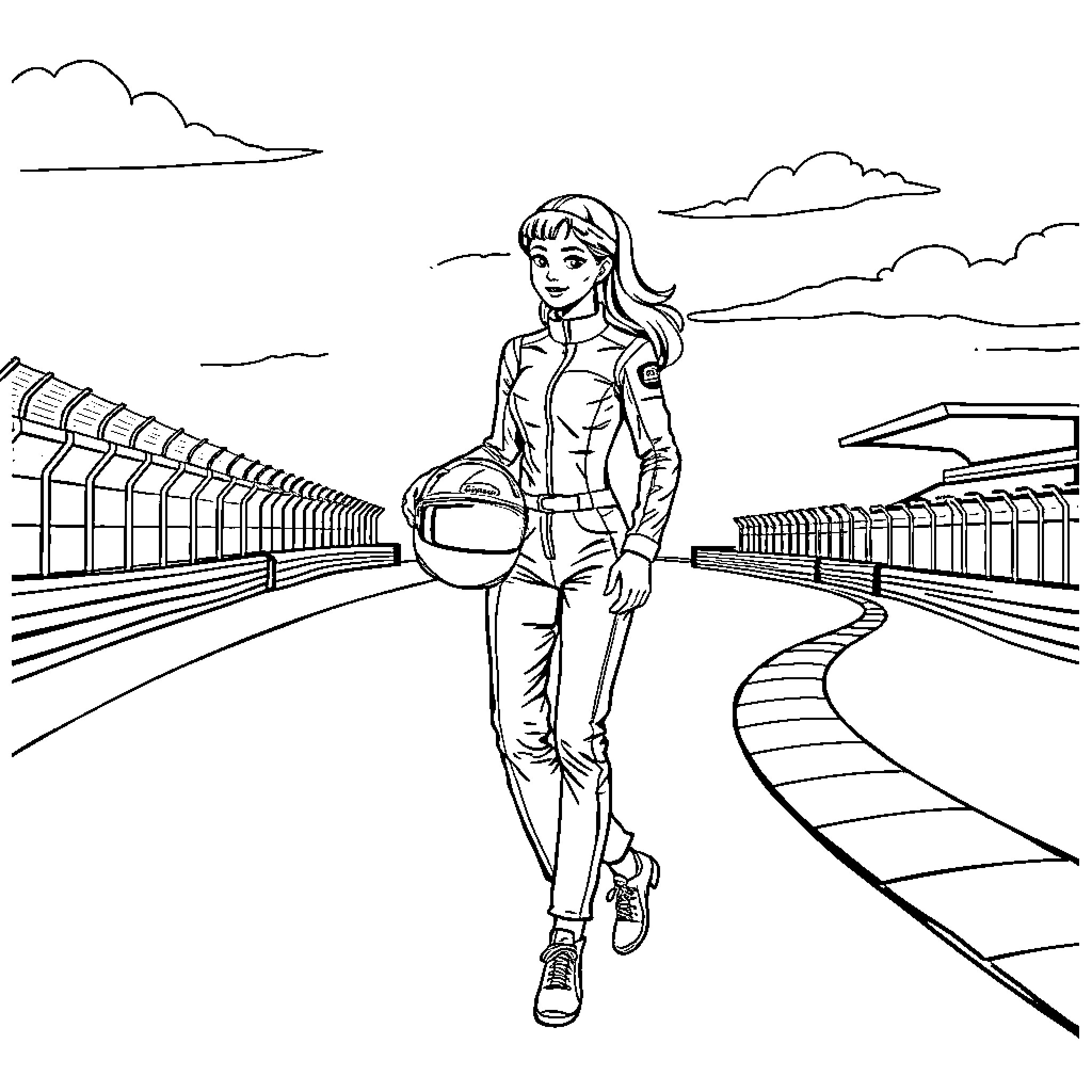 Racing Girl Preparing for the Race Coloring Page (free black-and-white line drawing printable PDF for all, from beginners to advanced learners, including children, teens, adults, and seniors)
