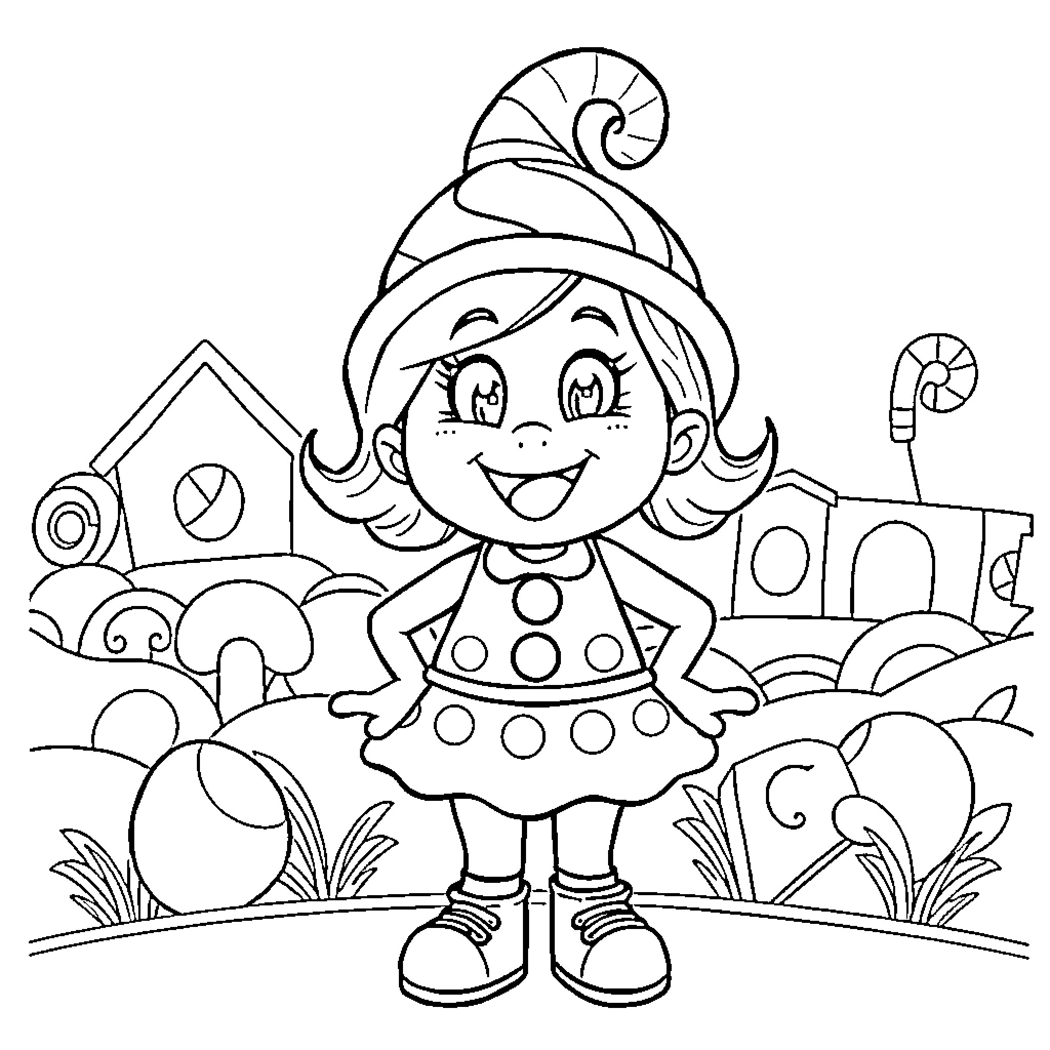 Candyland Character in Whimsical Outfit and Scenery Coloring Page (free black-and-white line drawing printable PDF for all, from beginners to advanced learners, including children, teens, adults, and seniors)