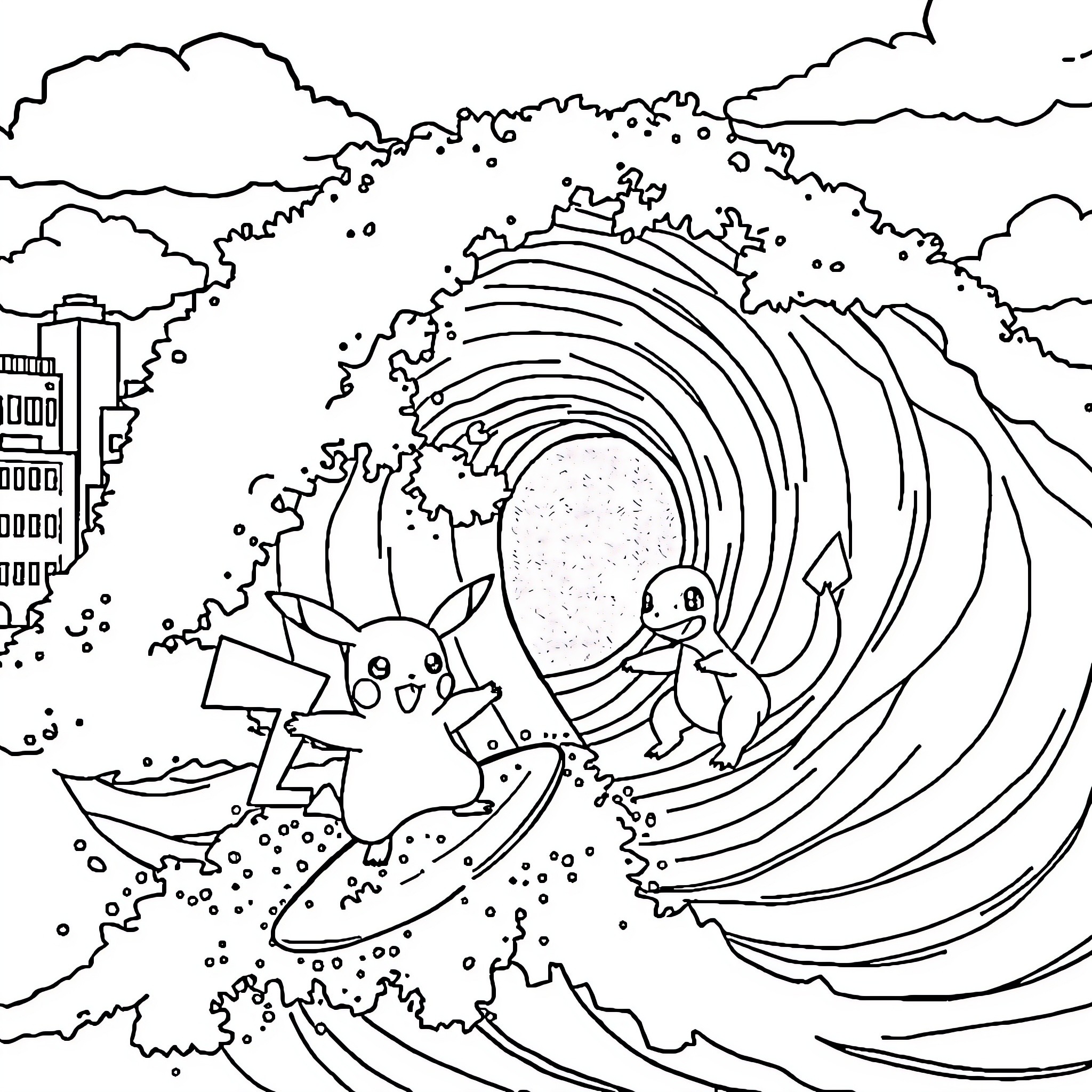 Pikachu surfing through giant waves in a stormy sea Coloring Page (free black-and-white line drawing printable PDF for all, from beginners to advanced learners, including children, teens, adults, and seniors)