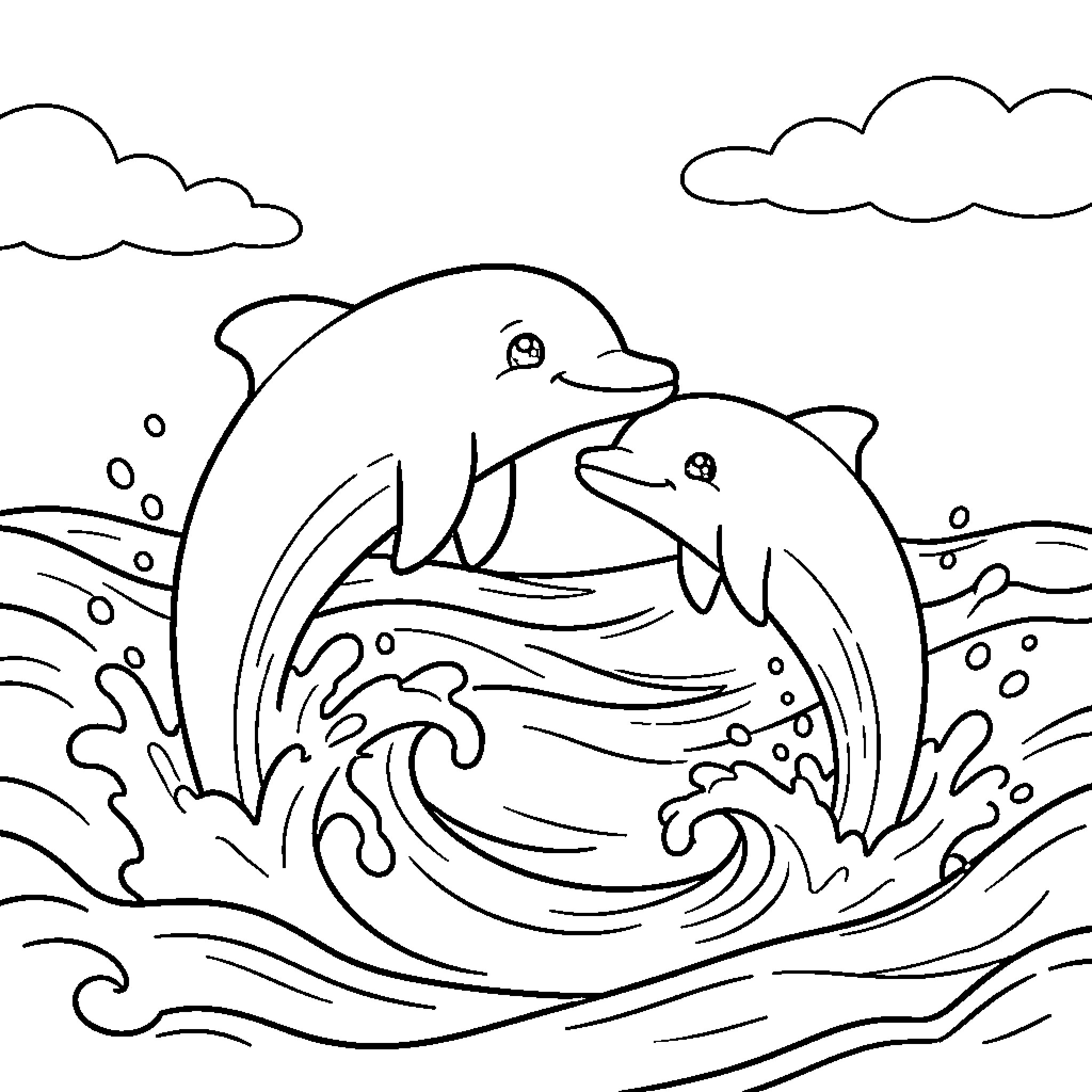 Dolphin pair swimming happily in the waves Coloring Page (free black-and-white line drawing printable PDF for all, from beginners to advanced learners, including children, teens, adults, and seniors)