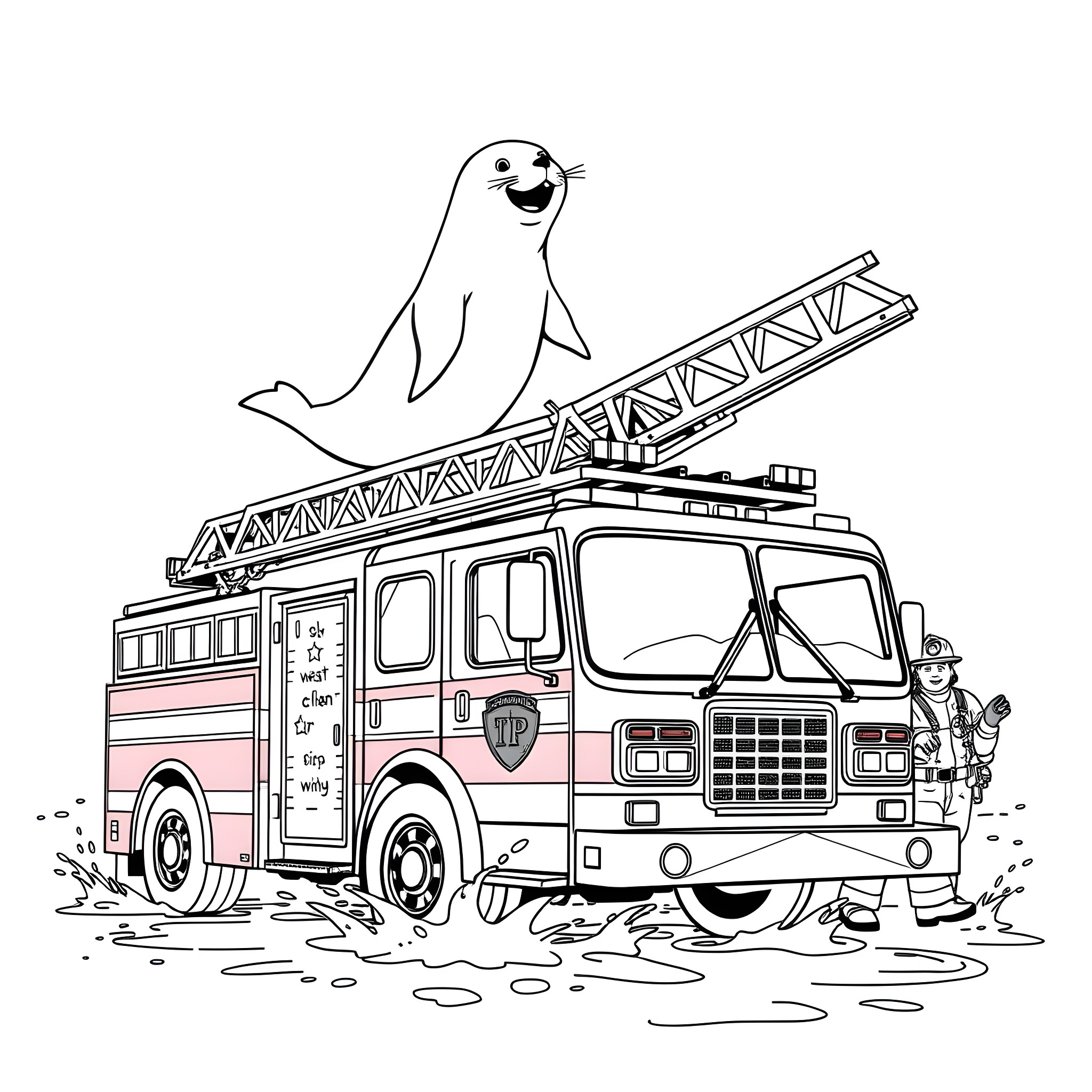 Seal riding happily on a fire truck Coloring Page (free black-and-white line drawing printable PDF for all, from beginners to advanced learners, including children, teens, adults, and seniors)