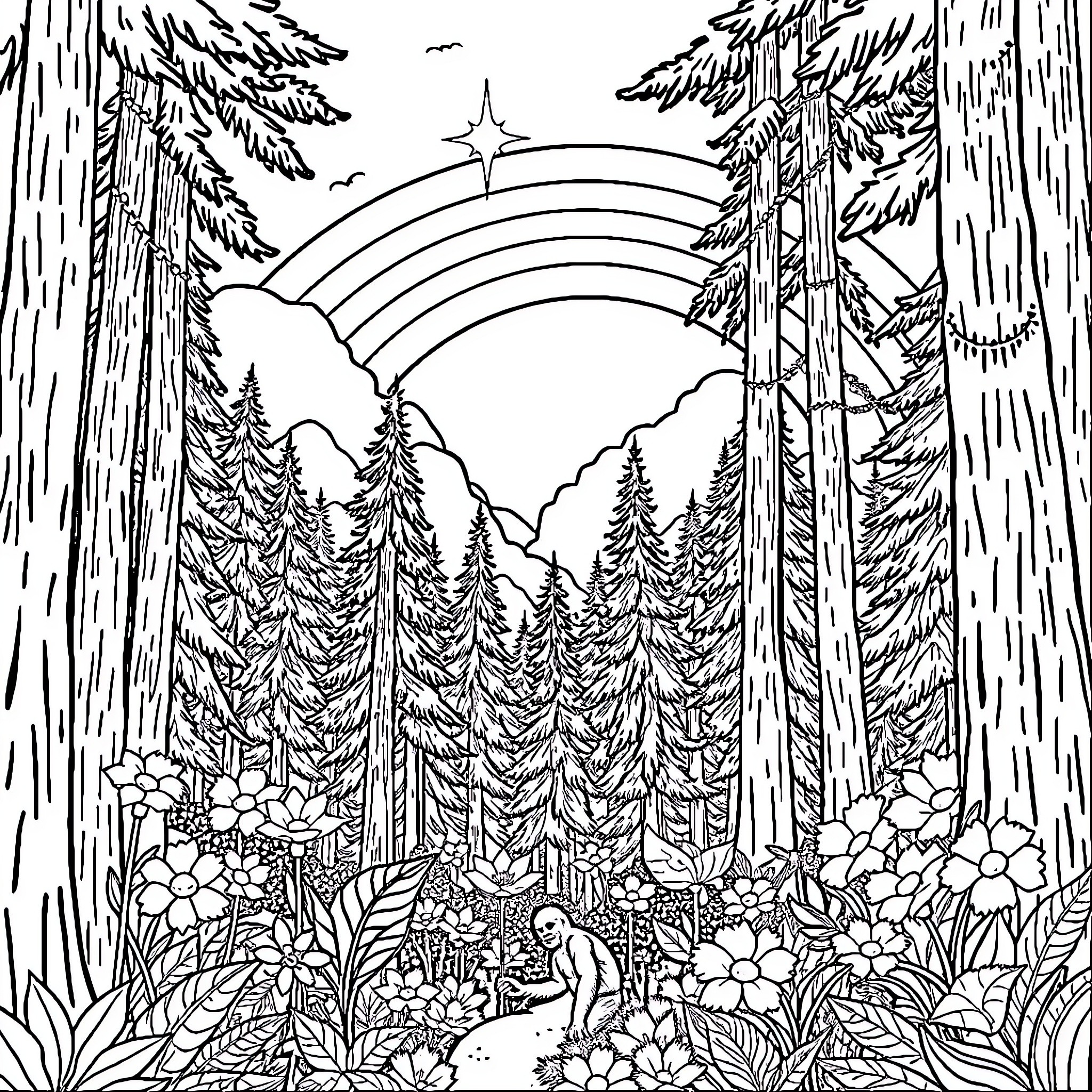 Bigfoot exploring the enchanted forest Coloring Page (free black-and-white line drawing printable PDF for all, from beginners to advanced learners, including children, teens, adults, and seniors)