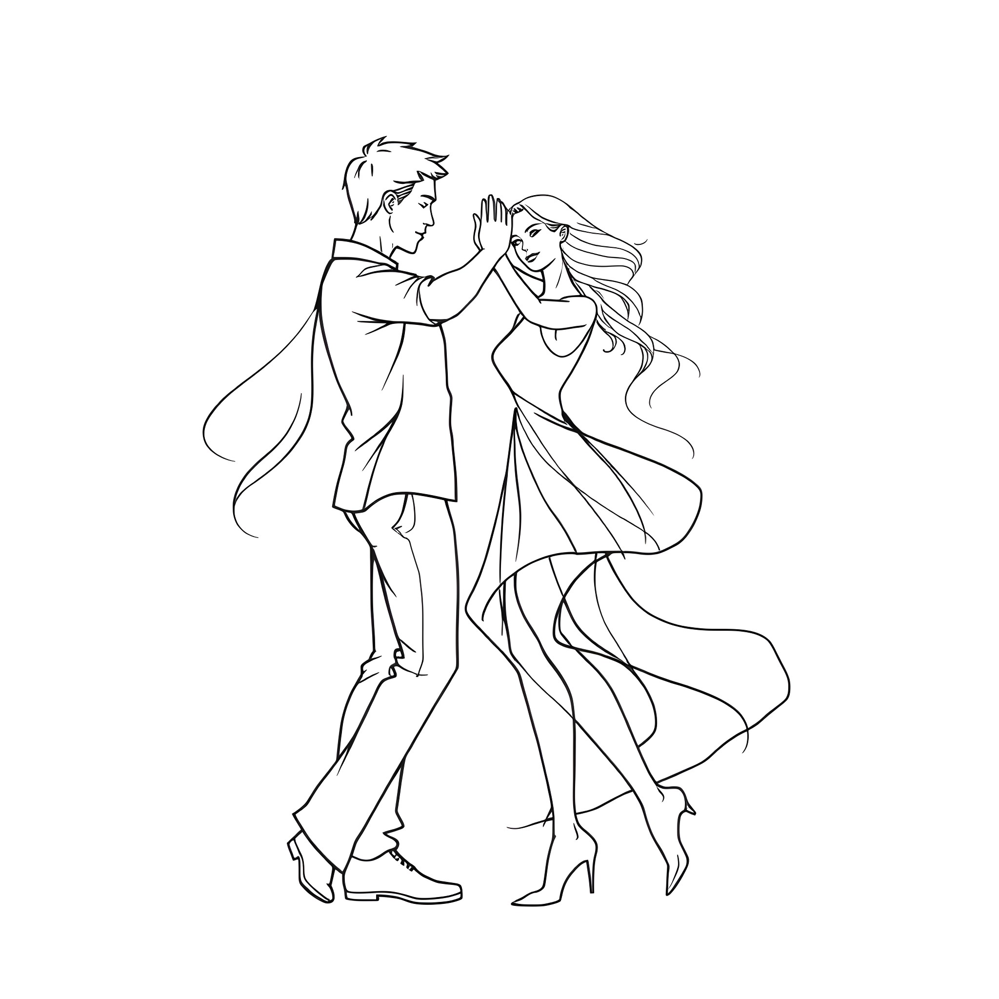 Couple romantically embracing in stylish attire Coloring Page (free black-and-white line drawing printable PDF for all, from beginners to advanced learners, including children, teens, adults, and seniors)