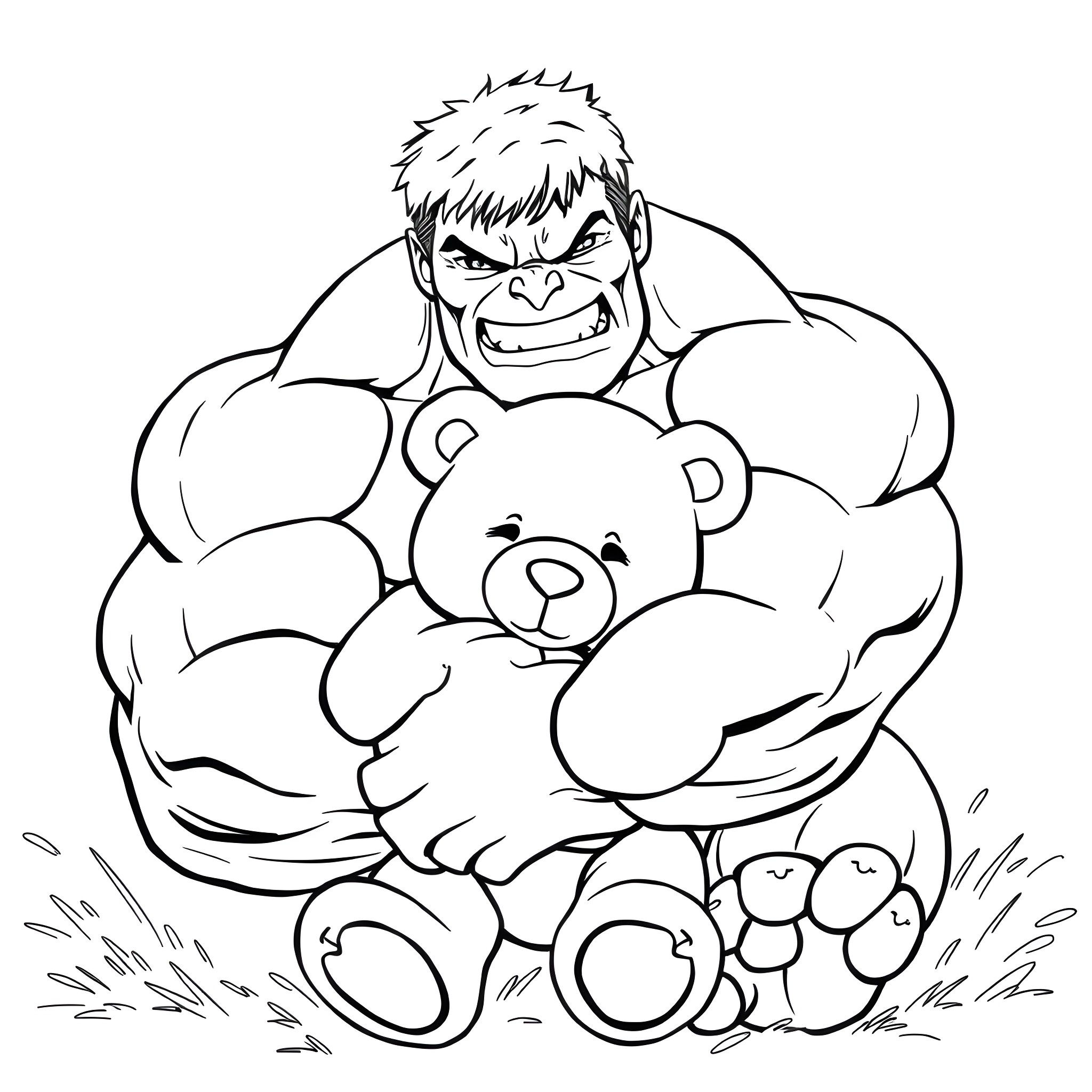 Hulk hugging a teddy bear lovingly Coloring Page (free black-and-white line drawing printable PDF for all, from beginners to advanced learners, including children, teens, adults, and seniors)