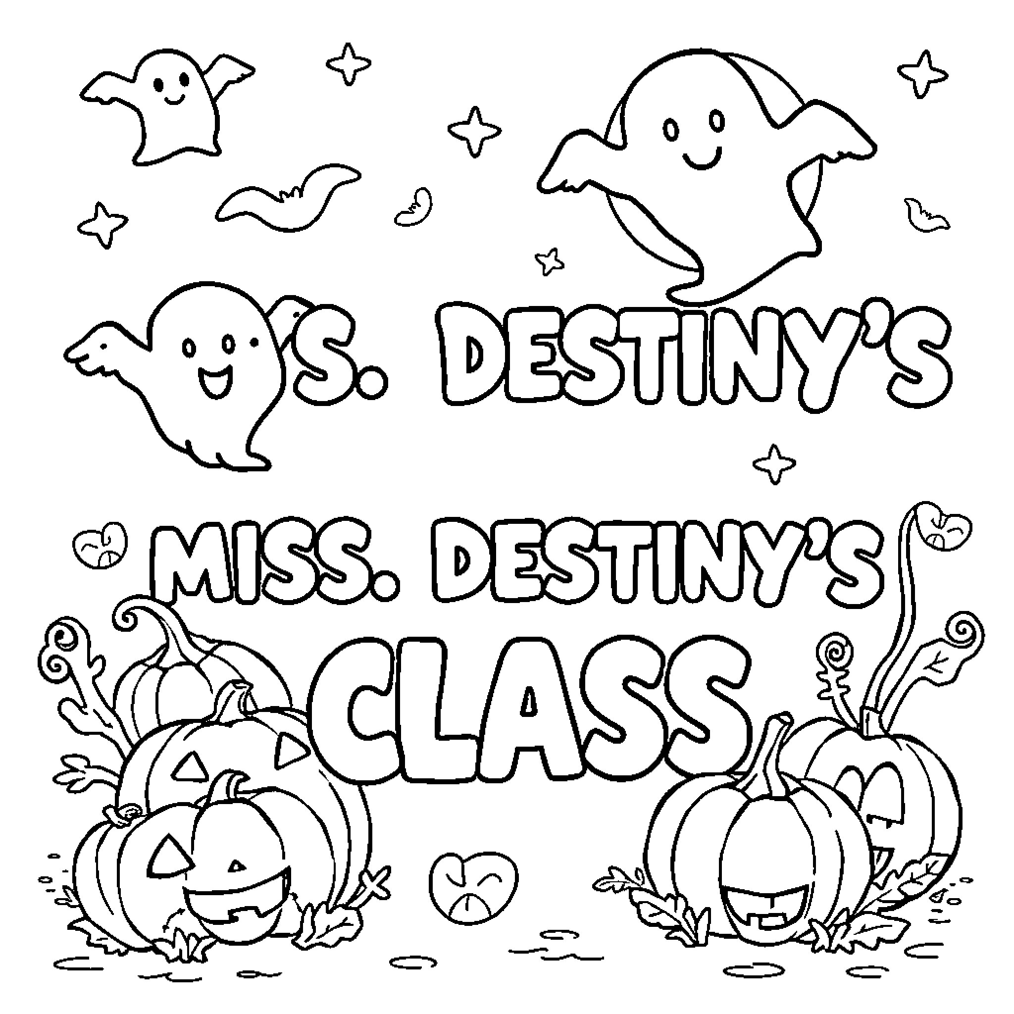 Halloween Fun in Miss Destiny's Class Coloring Page (free black-and-white line drawing printable PDF for all, from beginners to advanced learners, including children, teens, adults, and seniors)