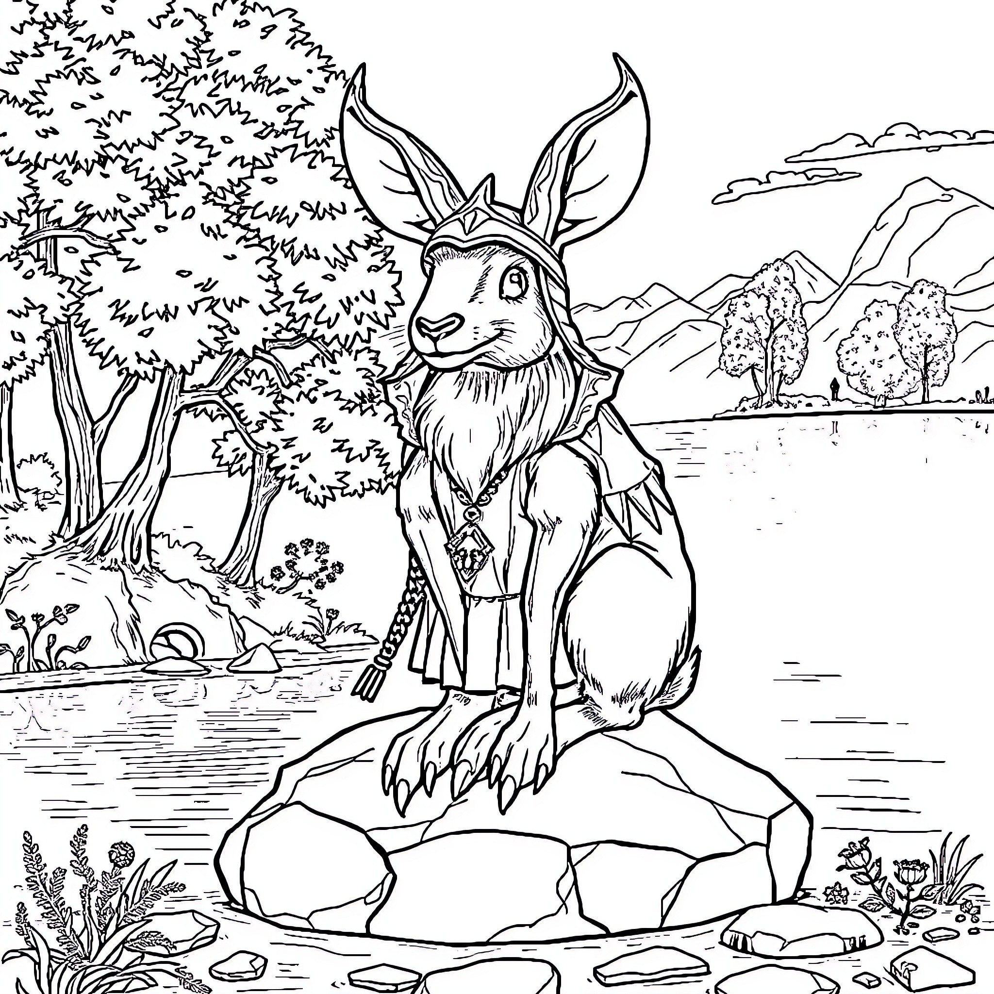 Rana the Rabbit Explores the Wilderness Coloring Page (free black-and-white line drawing printable PDF for all, from beginners to advanced learners, including children, teens, adults, and seniors)