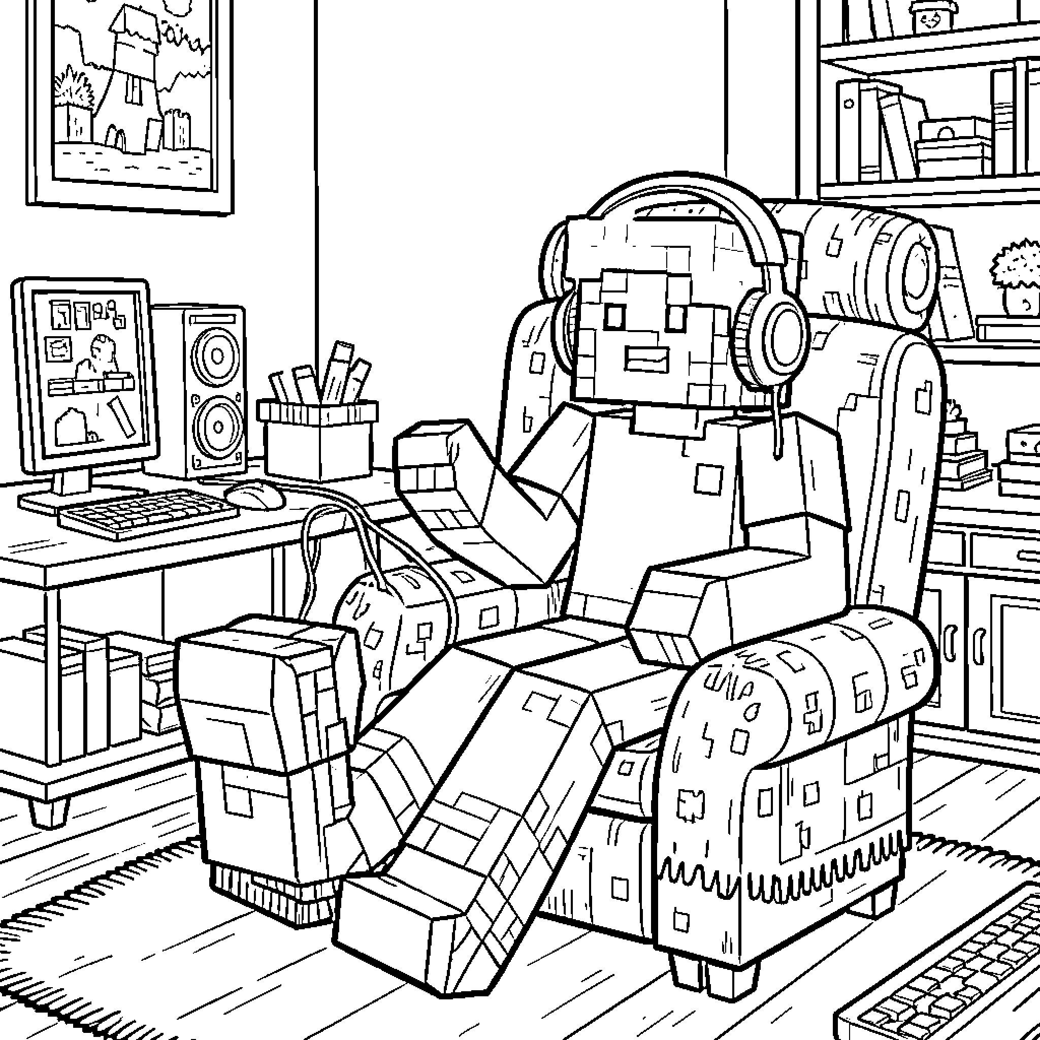 Minecraft character relaxing in a gaming chair with headphones Coloring Page (free black-and-white line drawing printable PDF for all, from beginners to advanced learners, including children, teens, adults, and seniors)