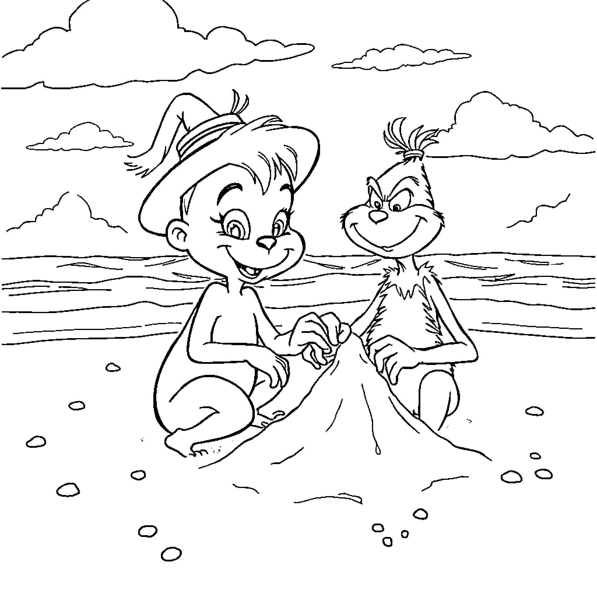Bluey and friend playing on the beach Coloring Page (free black-and-white line drawing printable PDF for all, from beginners to advanced learners, including children, teens, adults, and seniors)