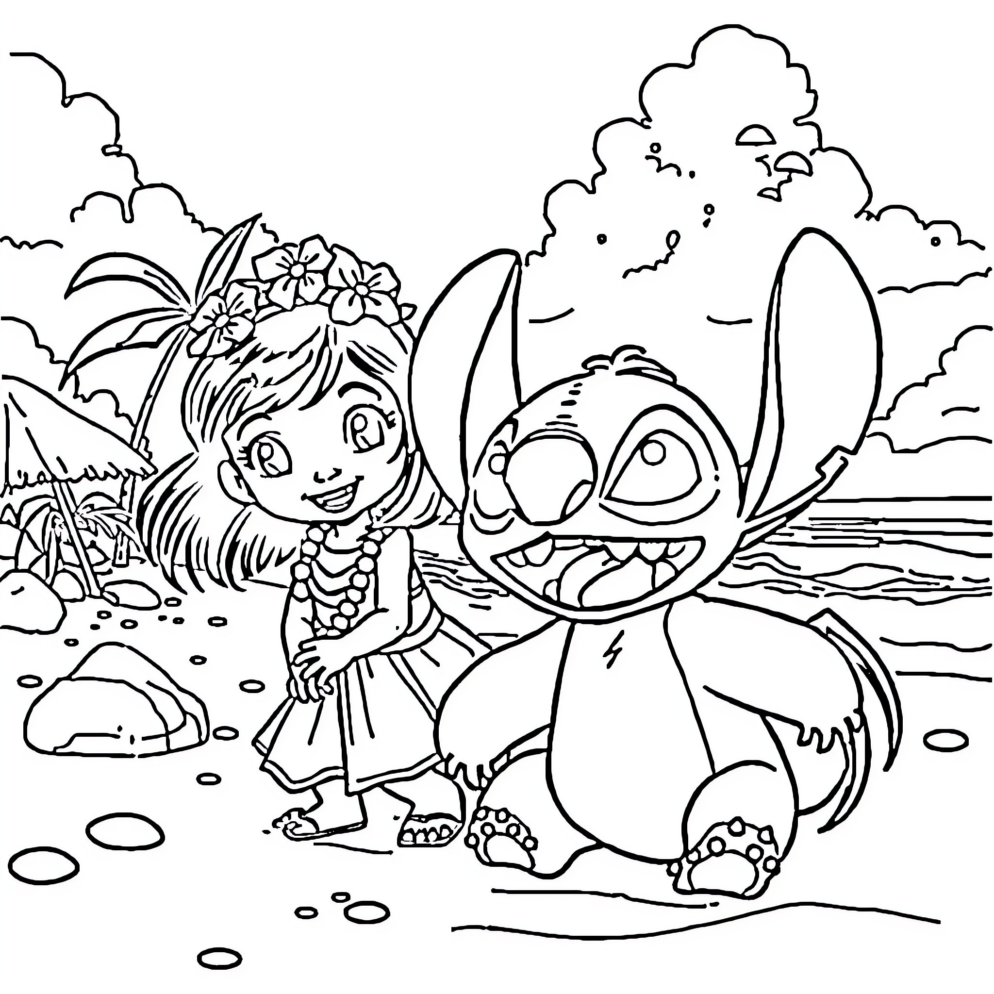 Lilo And Stitch enjoying a tropical beach adventure Coloring Page (free black-and-white line drawing printable PDF for all, from beginners to advanced learners, including children, teens, adults, and seniors)