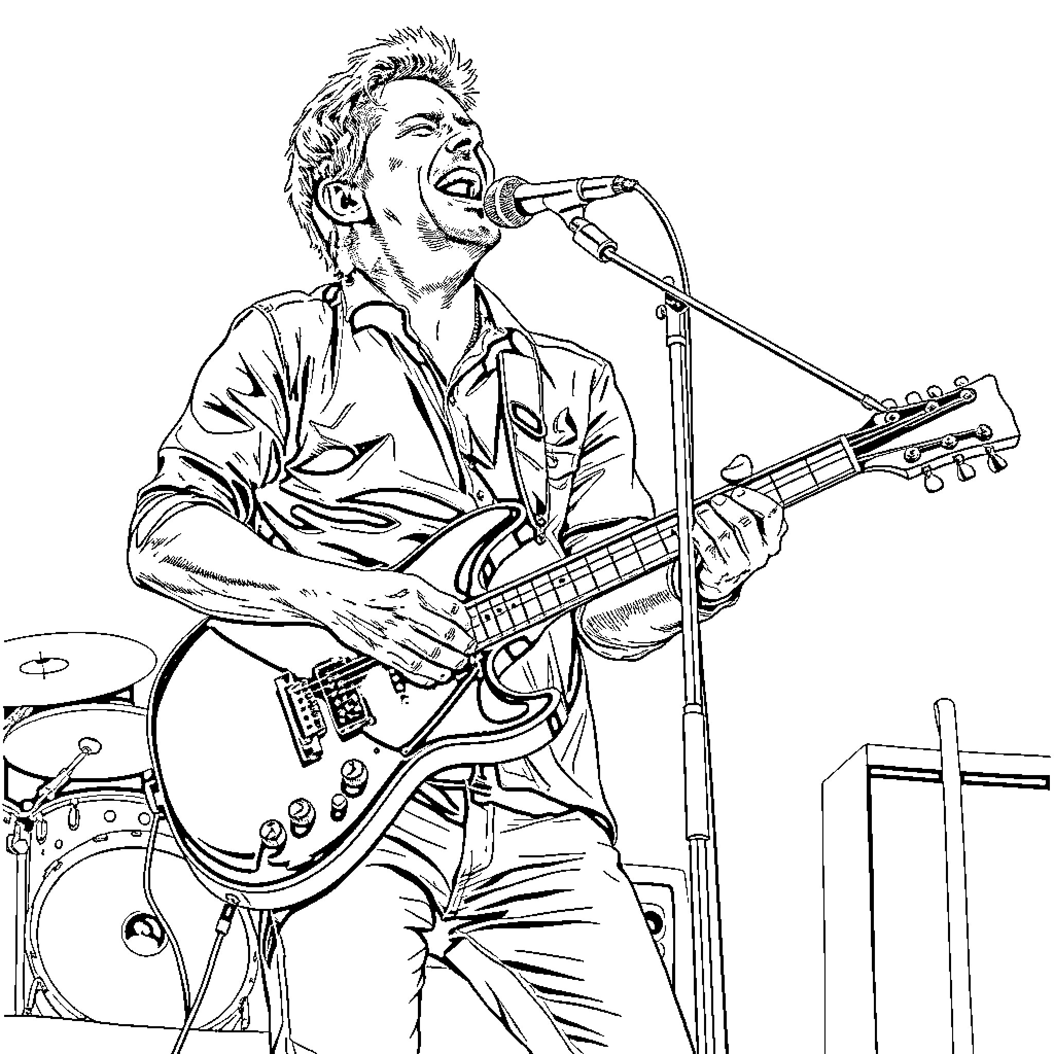 Jonny Lang performing on stage with guitar and microphone Coloring Page (free black-and-white line drawing printable PDF for all, from beginners to advanced learners, including children, teens, adults, and seniors)
