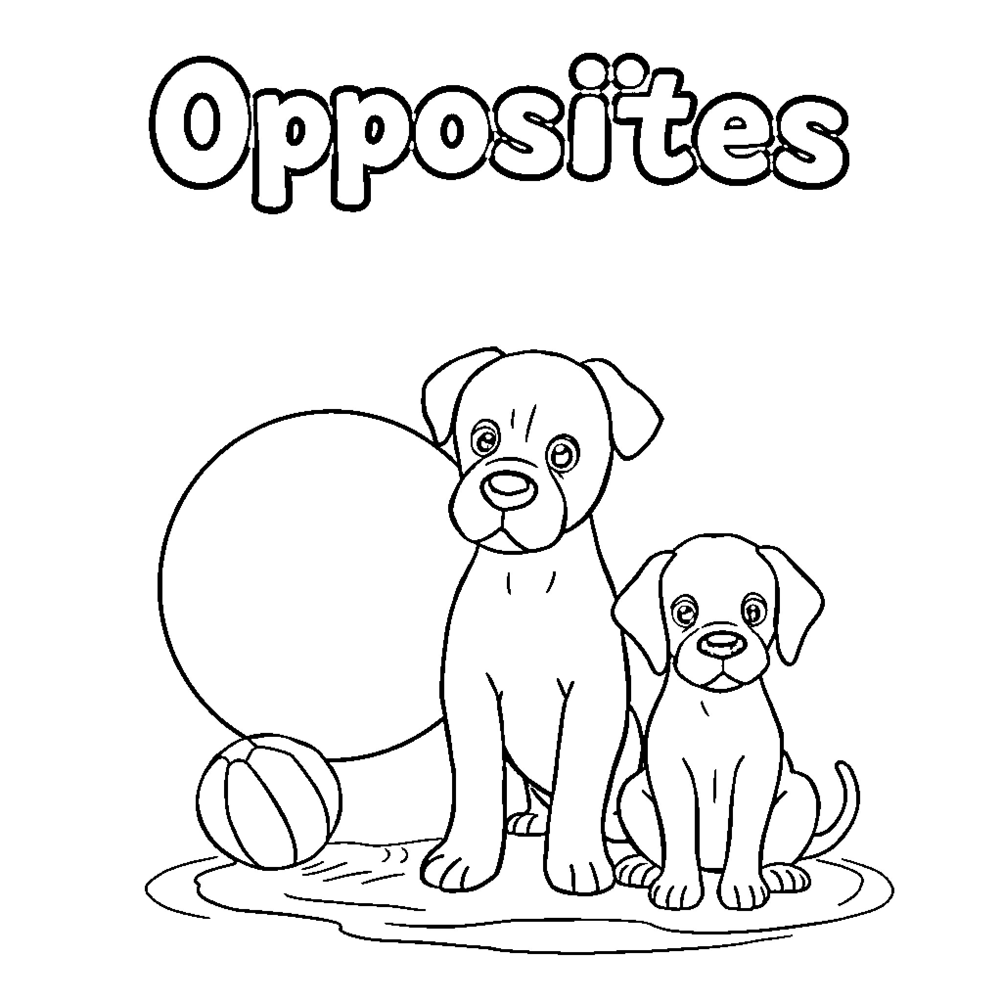 Puppies sitting and playing with ball Coloring Page (free black-and-white line drawing printable PDF for all, from beginners to advanced learners, including children, teens, adults, and seniors)