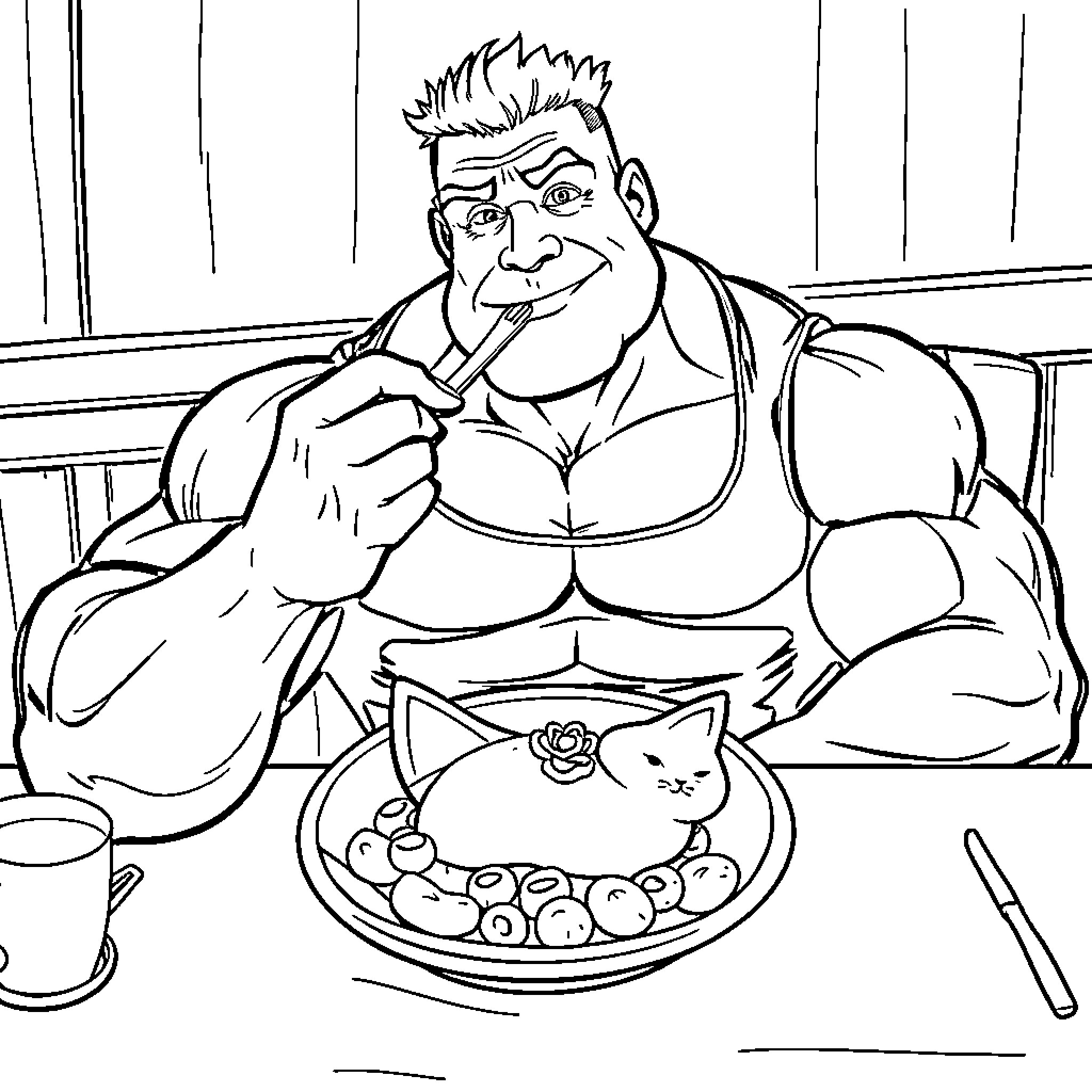 Bodybuilder enjoying a hearty meal with pets Coloring Page (free black-and-white line drawing printable PDF for all, from beginners to advanced learners, including children, teens, adults, and seniors)