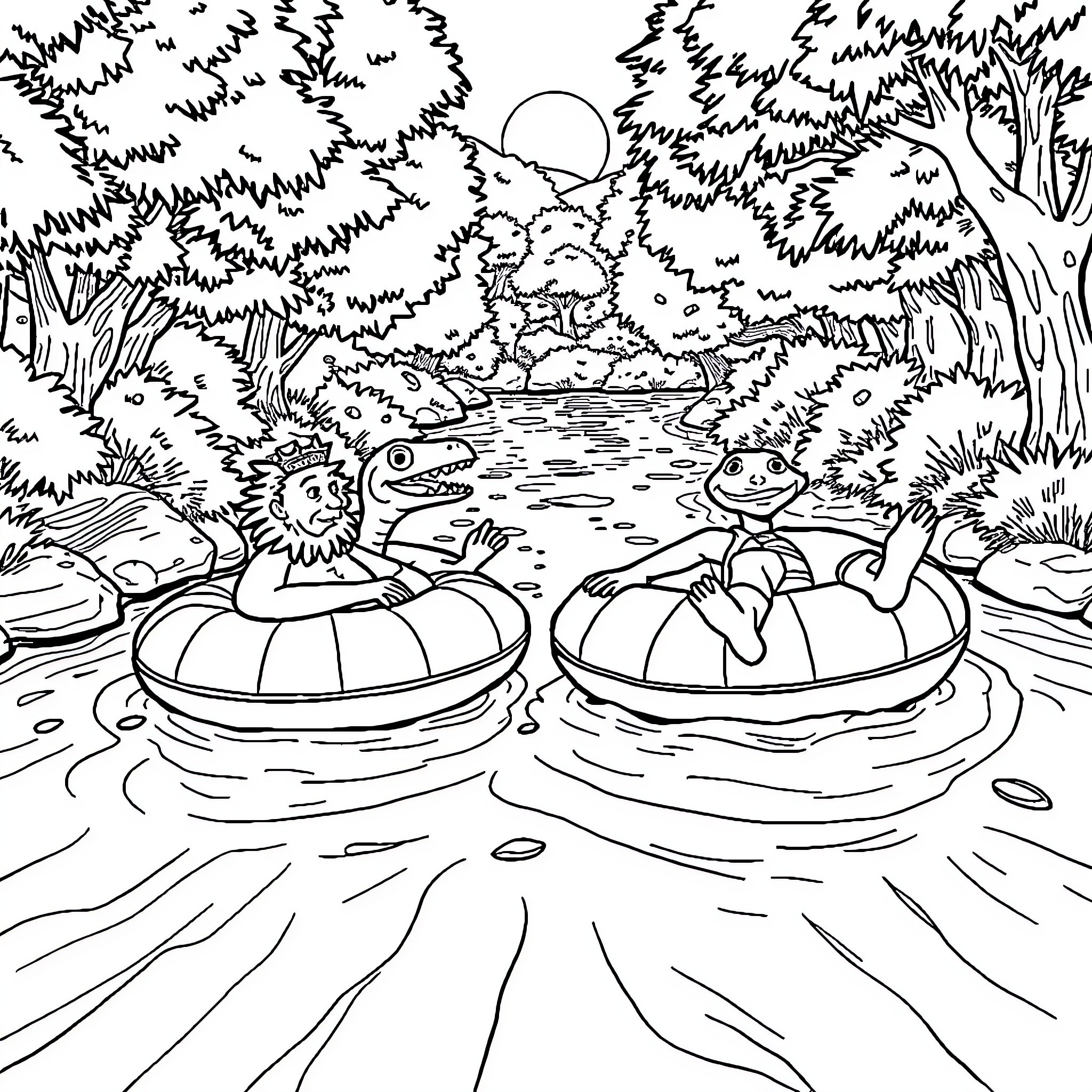 King Gizzard's Whimsical Adventure in the Enchanted Forest Coloring Page (free black-and-white line drawing printable PDF for all, from beginners to advanced learners, including children, teens, adults, and seniors)